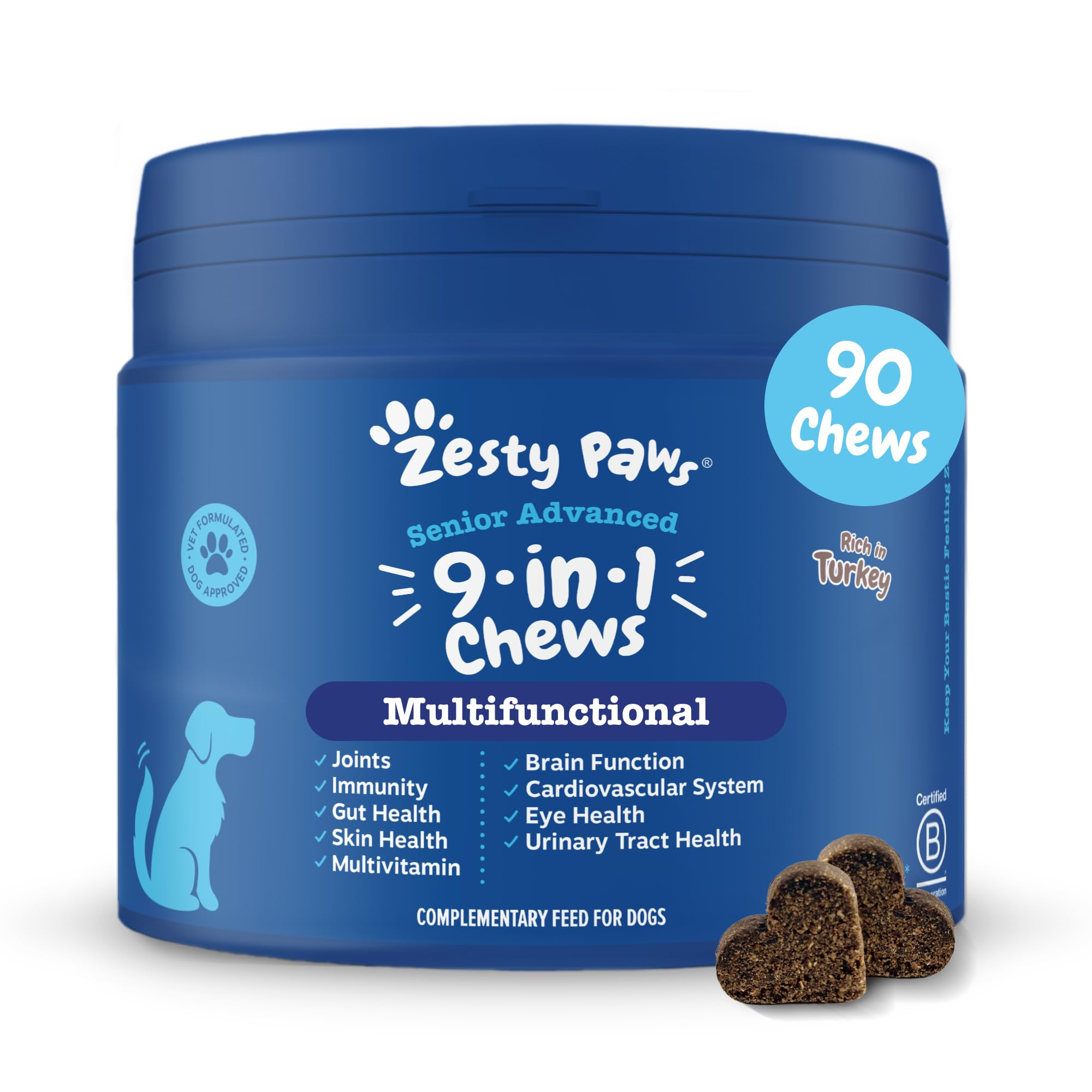 Zesty Paws 9 in 1 Multivitamins for Senior Dogs | Supports Joints, Skin, Eyes, Brain Function, Immune System, Urinary Tract, Heart & Gut Health| Vitamin A, B & C, Folic Acid, Biotin | 90 Chews
