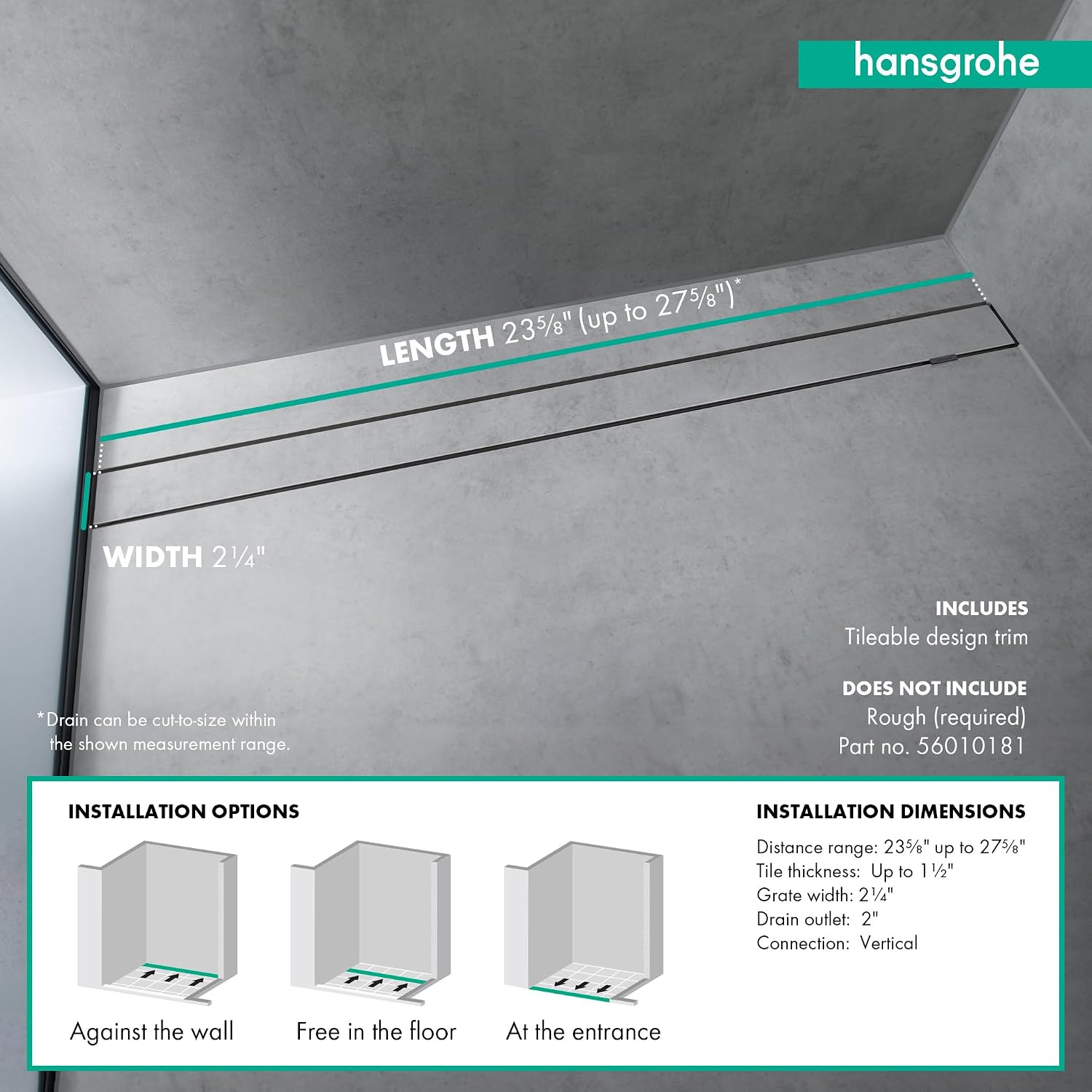 hansgrohe RainDrain Rock Linear Shower Drain for 23 5/8" Rough with Height Adjustable Frame in Nature Stone, Stainless Steel Rectangle Shower Floor Drain