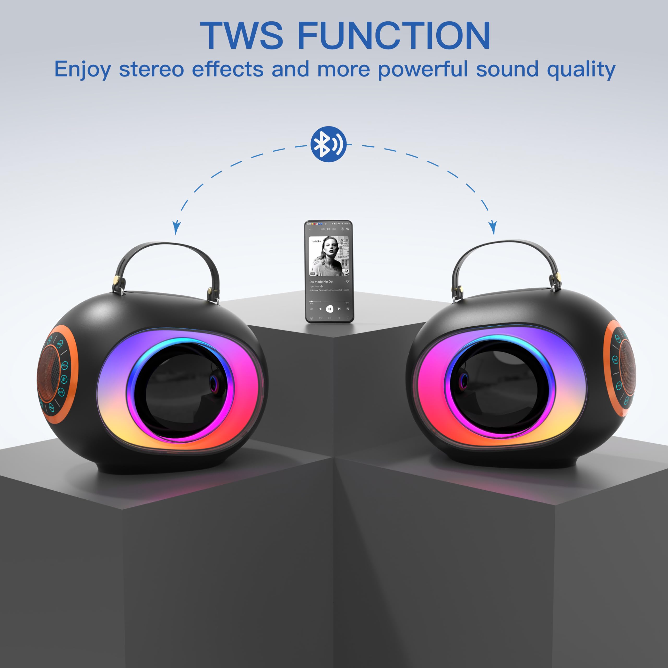 Máquina de karaoke, altavoz Bluetooth con radiadores pasivos visualizados duales, 2 micrófonos y sistema PA y luz de discoteca, bajos/agudos/eco, soporta TV/TF/USB/AUX/Live para fiestas en casa, al