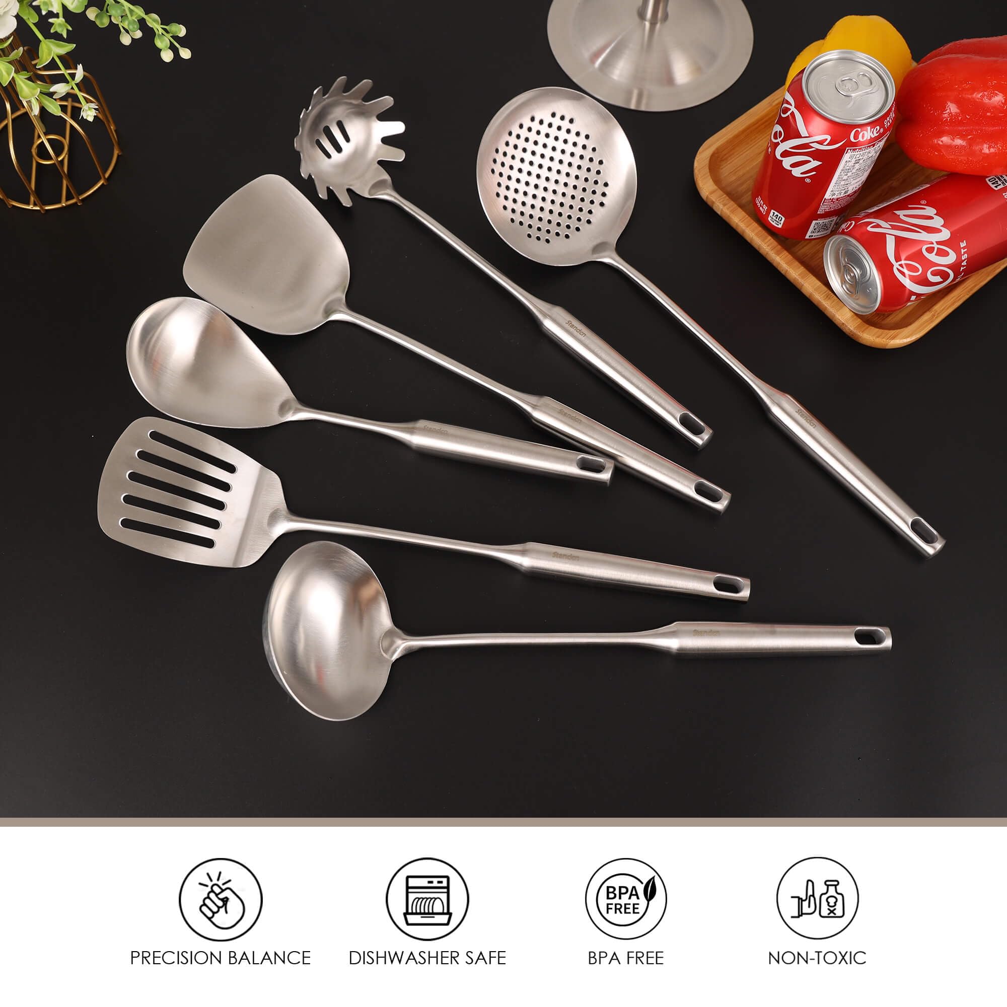 Juego de utensilios de cocina de acero inoxidable 18/10, utensilios de cocina de metal de 15 pulgadas con soporte giratorio para encimera, espátula, cucharón, espumadera, espátula ranurada, pasta,