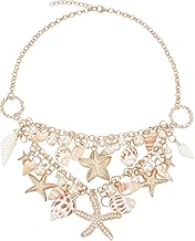 PH PandaHall Mermaid Shell Necklace Trendy Natural Shell Bib Beach Necklaces Starfish Conch Pendants with Iron Chains and Brass Lobster Claw Clasps Mermaid Costume Jewelry for Women, Golden, 19.6"