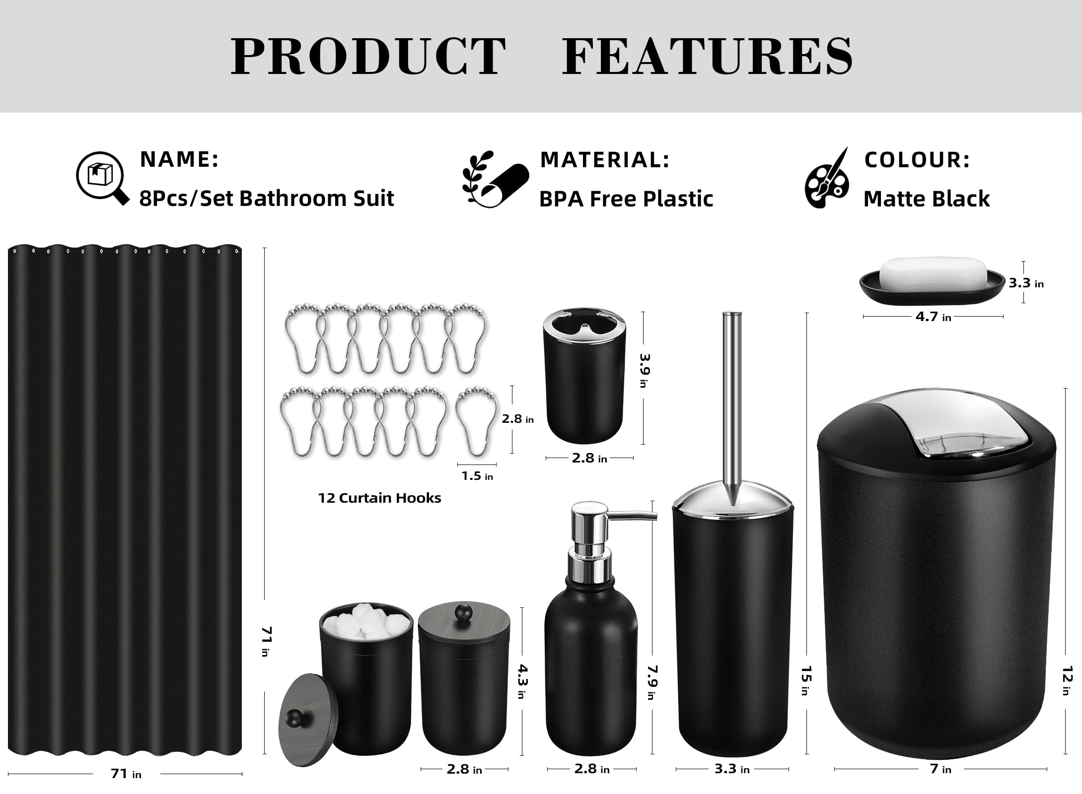 Juego de 20 cortinas de ducha con ganchos, juego de accesorios de baño negros con papelera, juego de accesorios de baño completo con juego de cortina de ducha, juego de accesorios de baño