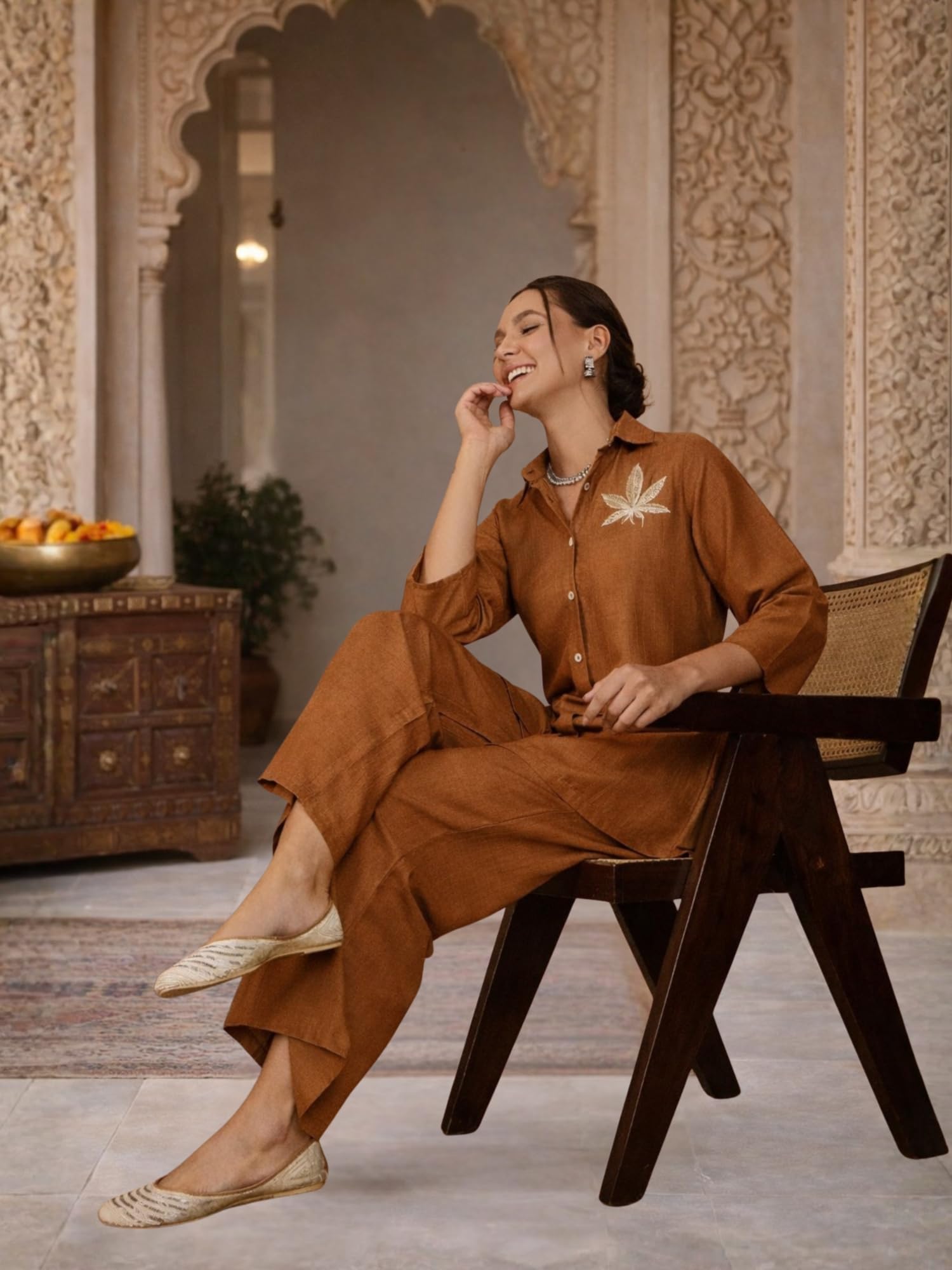 WineRed Women Solid Rust Leaf Embroidery Co-Ord Set 4