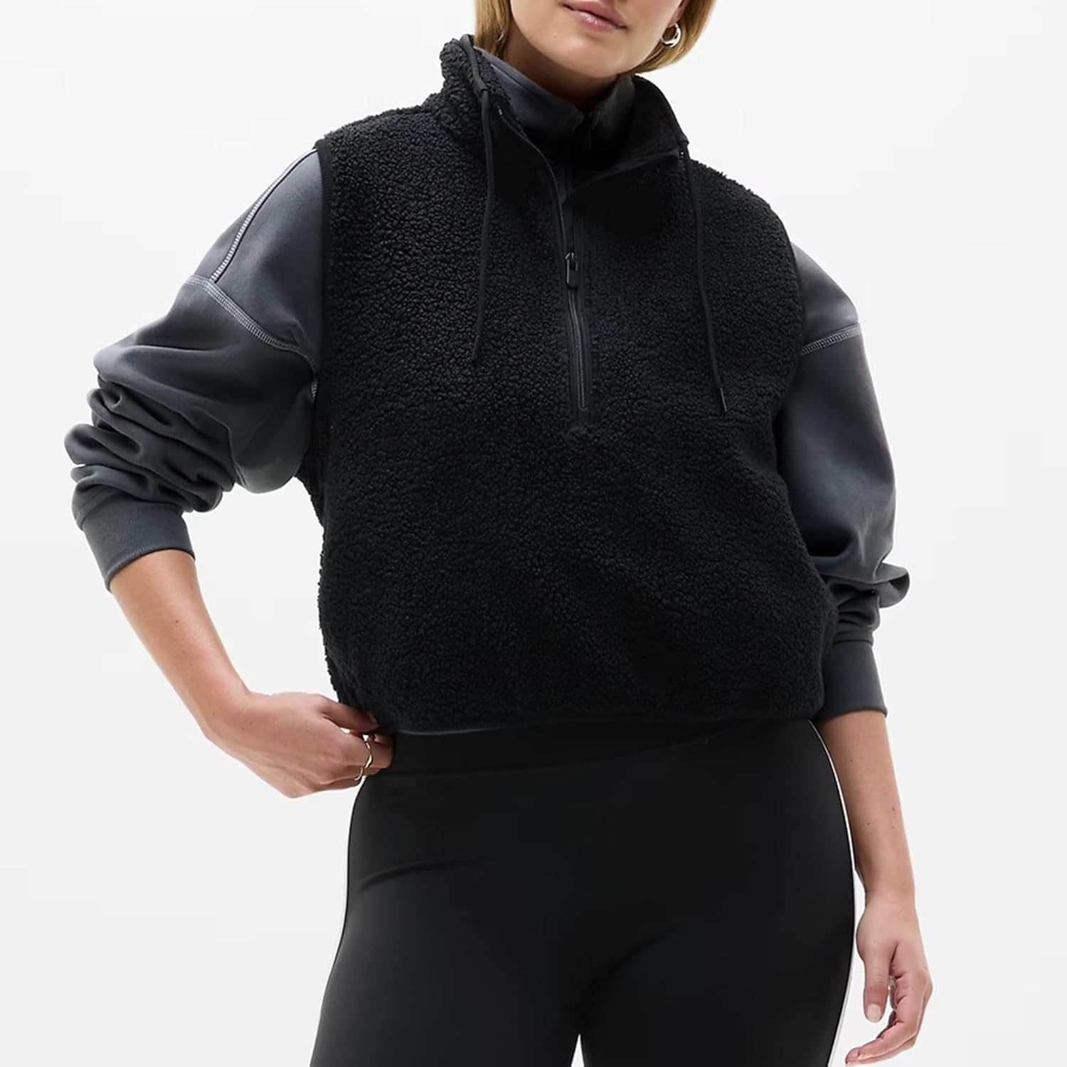 Songling Womens Fuzzy Fleece Vest High Neck Cropped Half Zip Up Warm Sherpa Vest Drawstring Pullover with Pockets