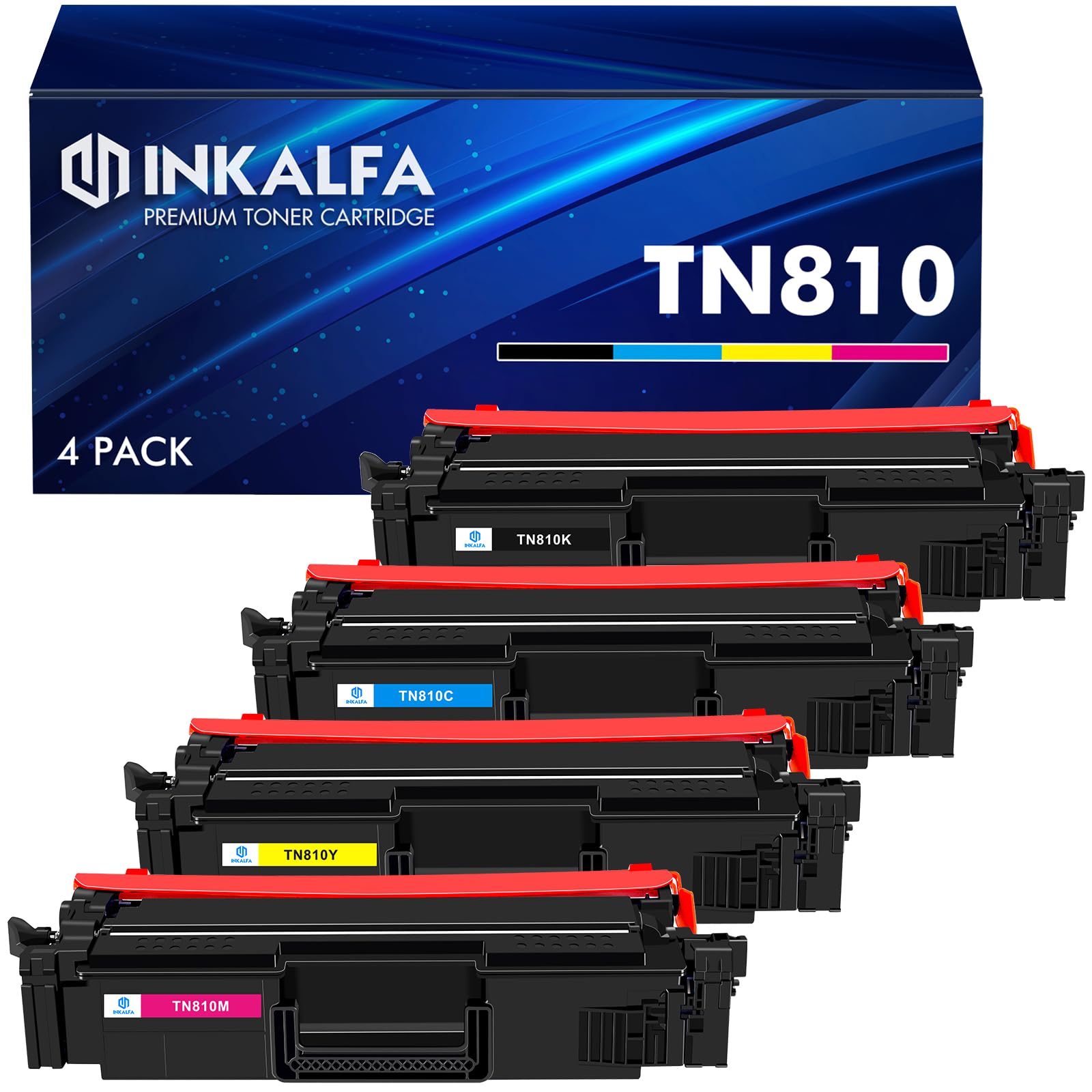 inkalfaTN810 TN810XL TN-810 Toner Cartridge 4-Pack TN810XL Compatible for Brother TN810BK/C/M/Y TN-810 TN 810 810XL MFCL9610CDN HLL9410CDN HLL9430CDN HLL9470CDN MFCL9630CDN MFCL9670CDN Printer