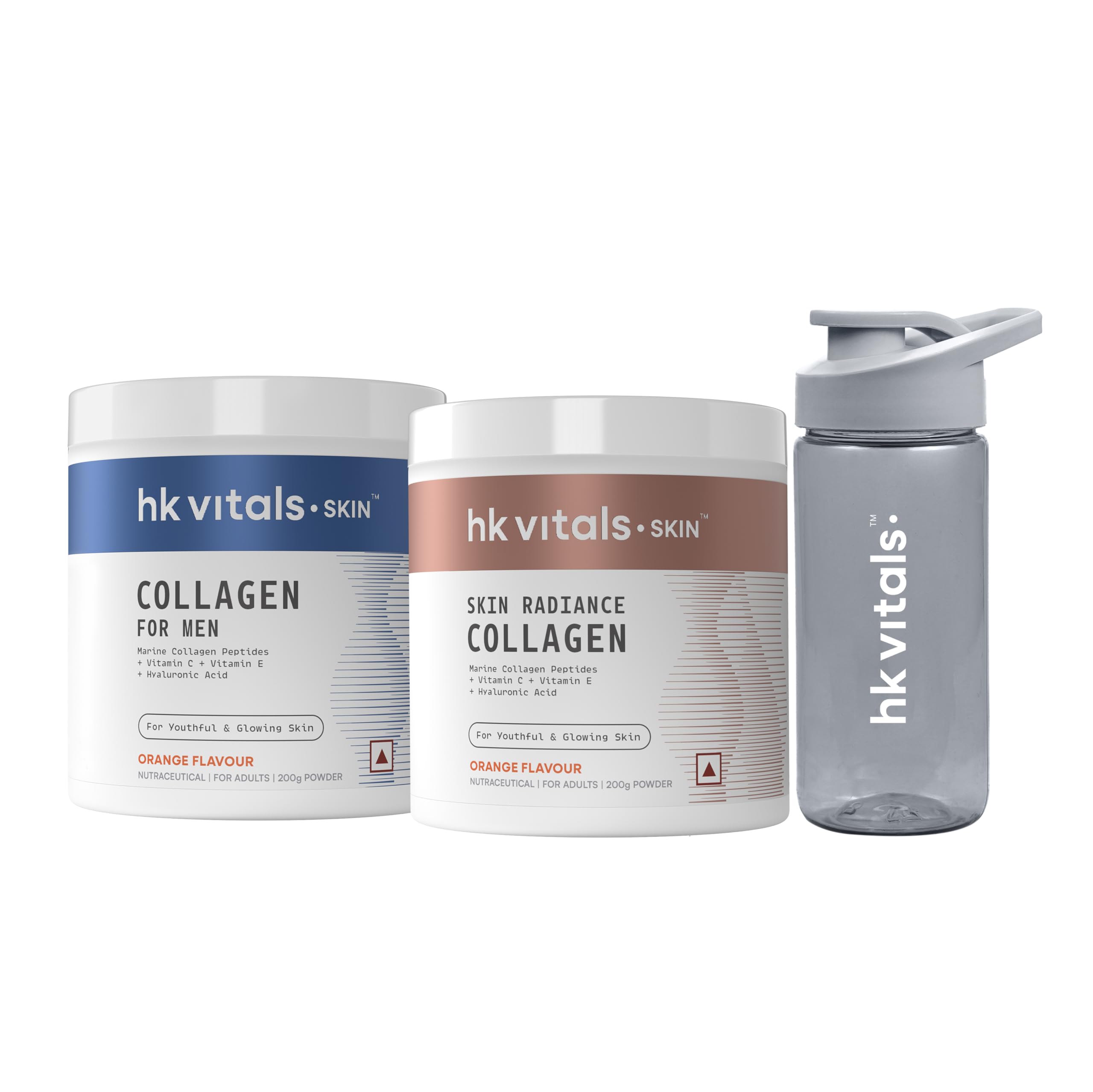 hk vitals Marine Collagen for Men Supplement (Orange, 200g) with Marine Collagen Supplement (Orange, 200g) & Sipper Bottle | Vitamin C, E, Sodium Hyaluronate | For Youthful & Glowing Skin