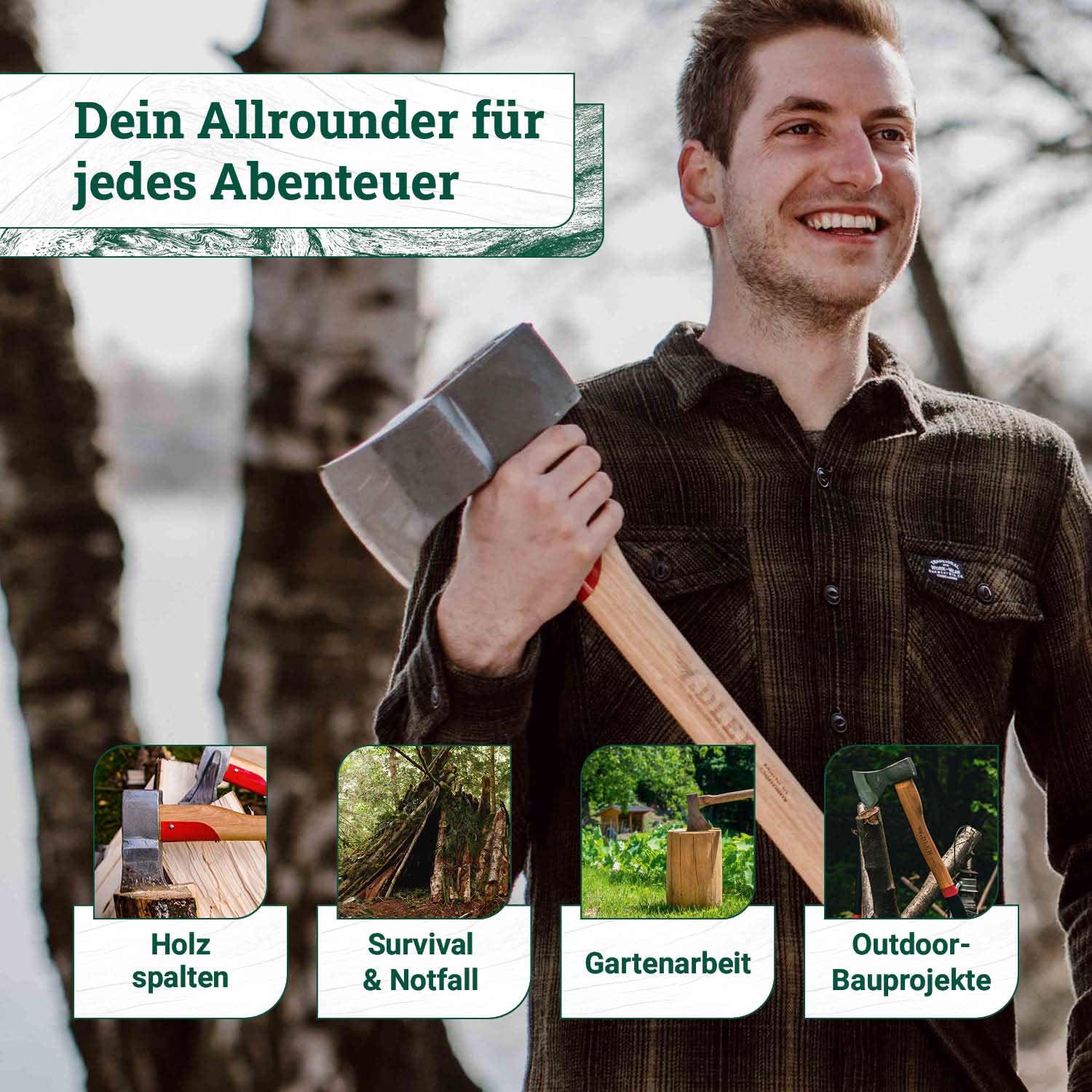 ADLER Spaltaxt inkl. Lederschutz: Geschmiedete Axt zum Holz spalten, Holzaxt mit C60-Stahlkopf & 80 cm Hickory-Stiel, Outdoor- & Forstaxt mit hoher Spaltwirkung, 3-Fach Verkeilung, Rot/schwarz, 2 kg
