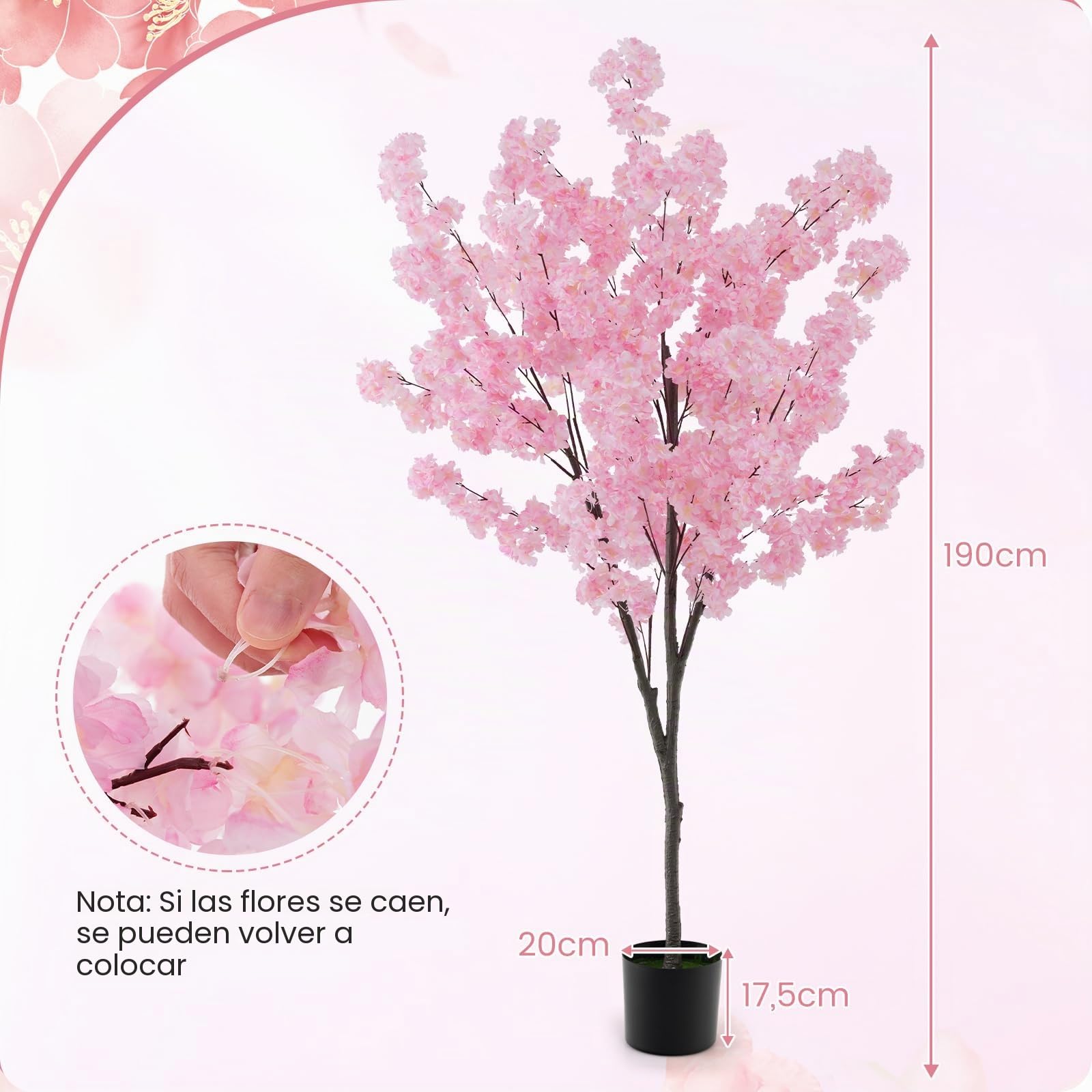 RELAX4LIFE Planta Artificial Decorativa Sakura 190 cm, Planta Artificial con Maceta, Planta Artificial Grande con 1170 Flores para Salón, Dormitorio, Oficina y Entrada (Rosa)