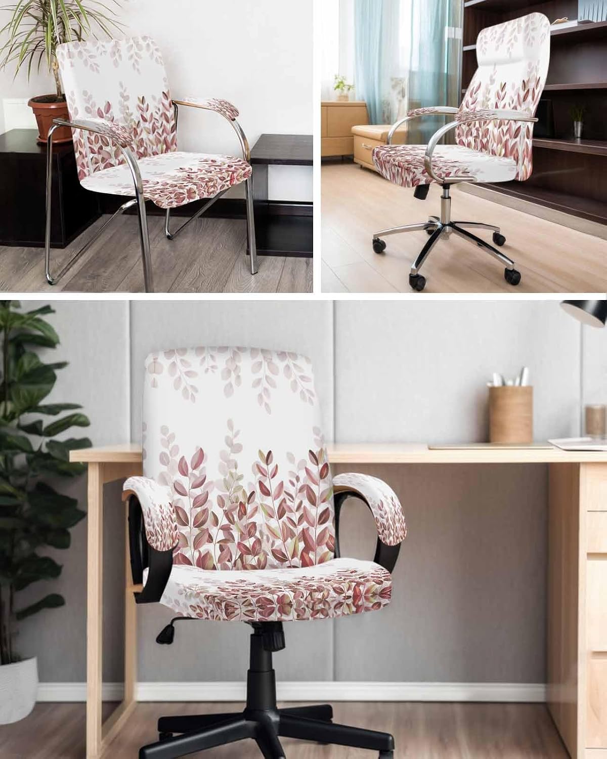 Spring Reddish Brown Eucalyptus Office Chair Covers with Armrest Covers, Rotating Chair Cover, Botanical Leaf Country Armchair Slipcovers Decorative Backrest and Seat Protectors, Large