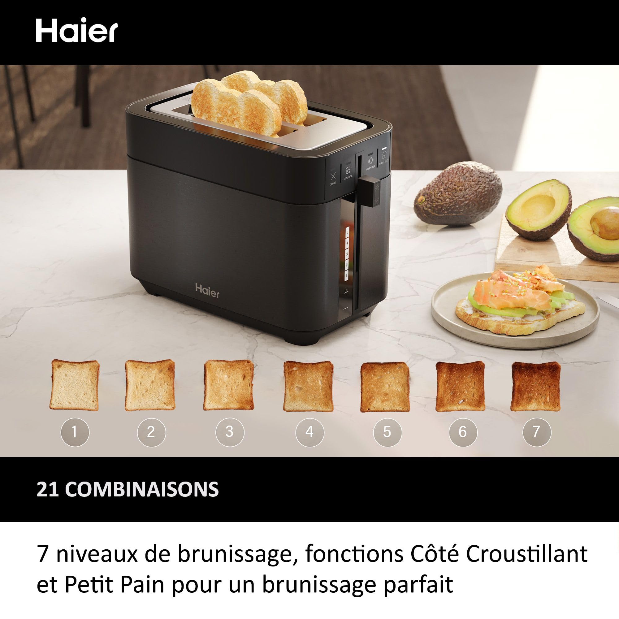 Haier I-Master Série 5 Grille-Pain, Acier Inoxydable, 2 Tranches avec Fentes Extra Profondes, Poignée de Levage pour Eviter les Brûlures, Couvercle Anti-Poussière, 7 Niveaux de Brunissage [Noir]