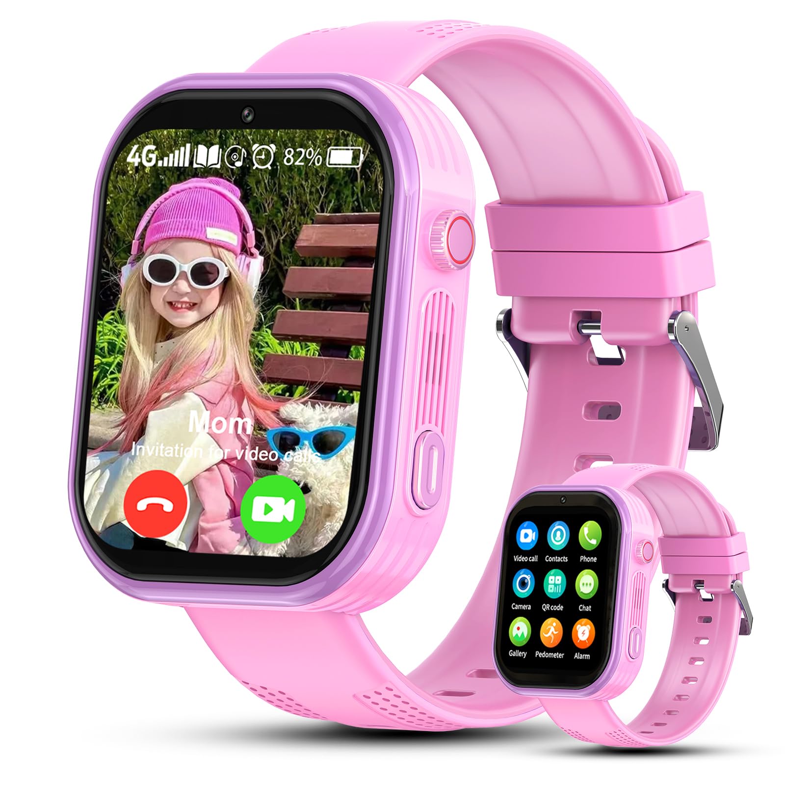 Reloj Inteligente Niño 4G con GPS Videollamadas HD Chat Familiar SOS Teléfono,IP68 Resistente al Agua, Smartwatch Niños Regalos para Niños Niñas (Pink Purple)
