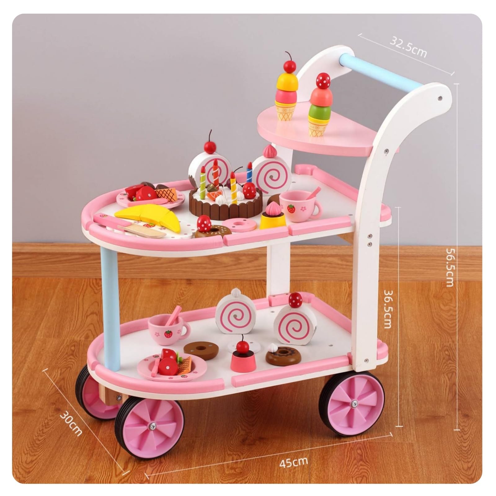 Carrello Pasticceria Bambini Giocattolo Cucina Carrello Dessert Banco Ruote Maniglia in Legno Finto Gioco Servizio Dolce con Ripiani Materiale Legno