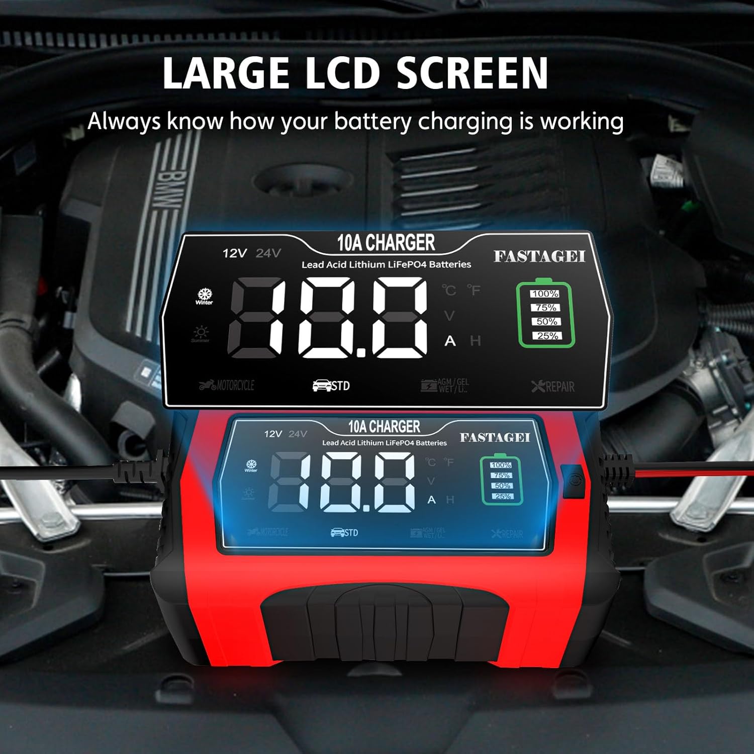 Lithium/LiFePO4/Lead Acid Battery Charger Smart Battery Trickle Charger 12V/24V 10A/5A Automotive Battery Maintainer Desulfator Temp Compensation for Car Truck Motorcycle Lawn Mower Marine RV