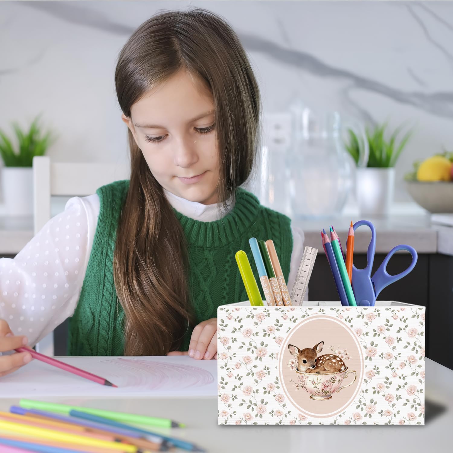 Cottagecore Fawn Teacup Floral Pen Holder for Desk, Deer Lover Gifts Pencil Organizer, Pink Rose Flower Deer Wooden Box Sign Desk Decor for Girl Nursery Home Office Decoration image 4