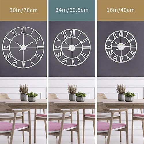 Miniatura 5 de Tulivios Reloj de pared grande plateado de 16 pulgadas o más grande, para interiores y exteriores, de gran tamaño, sin metal rústico de segunda