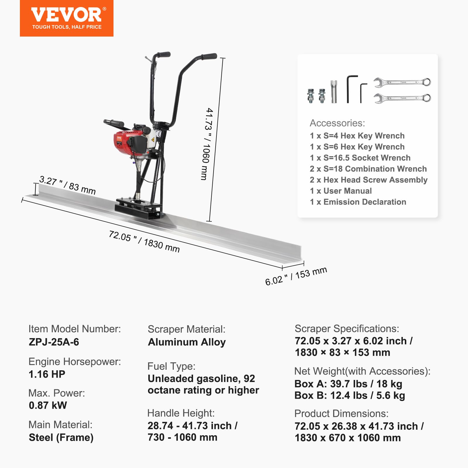 VEVOR Regla Eléctrica para Hormigón Gas 1830 mm Kit Flotador de Barra de Borde Recto de Aluminio 6500 rpm Acabado Cemento de 4 Tiempos con Mangos Regulables en Altura Herramienta para Hormigón