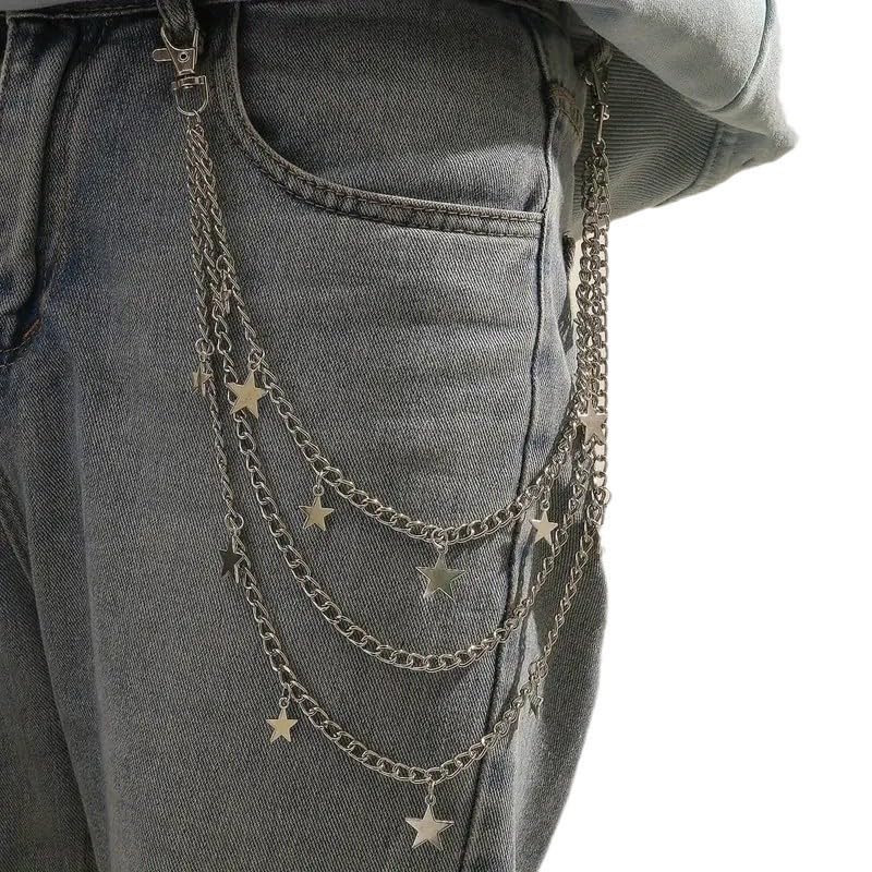 Y2K Street Punk Metal Pendant Chain Belt with Star or Cross Charms, Adjustable Stylish Waist Chain for Men and Women, Perfect for Rock, Goth, and Punk Fashion2