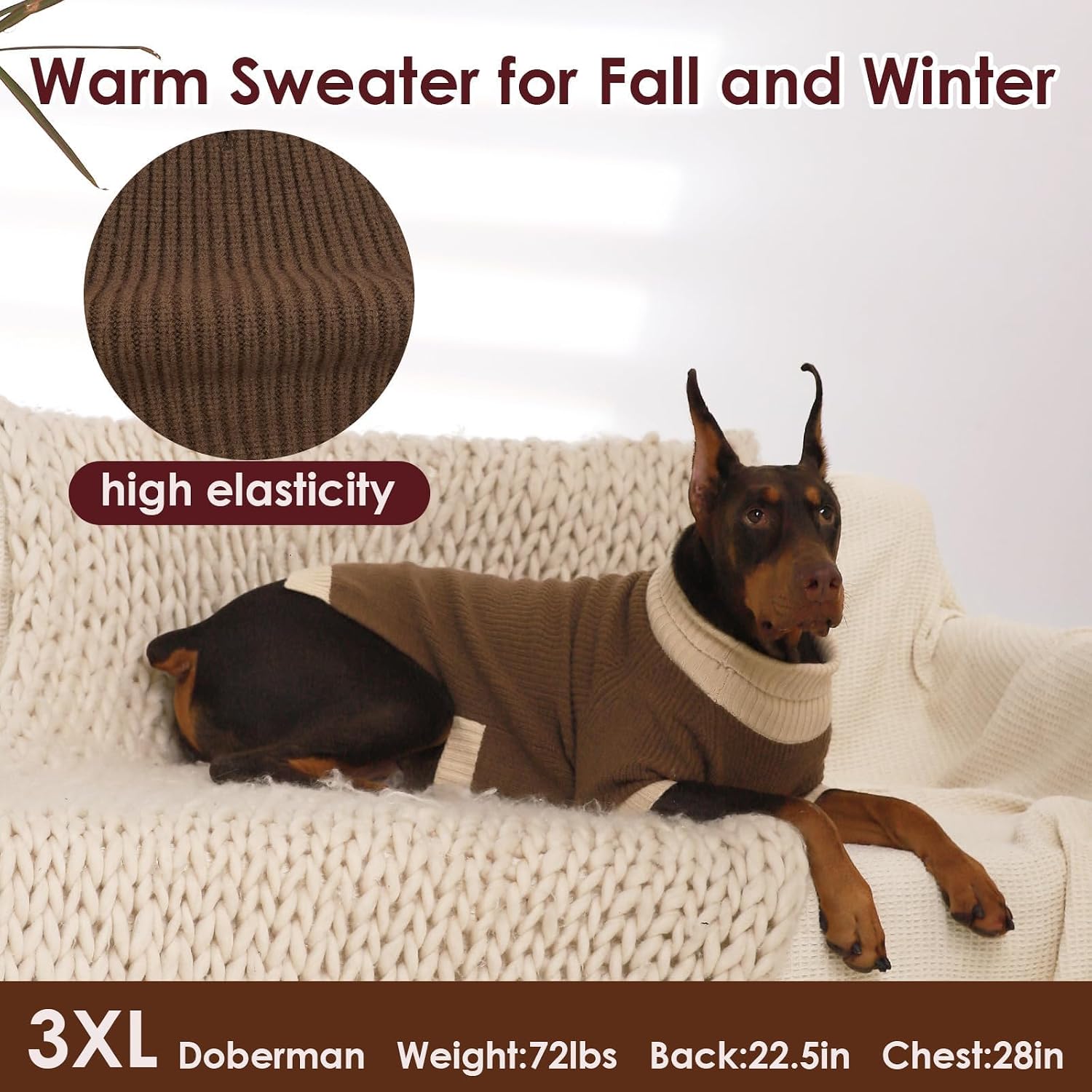 Dog Sweater XXXL, Turtleneck Sweaters with Leash Hole, Soft Knit Pullover for Large Dogs Male Female, Winter Thermal Pet Sweaters for Doberman Labrador, Brown 3XL