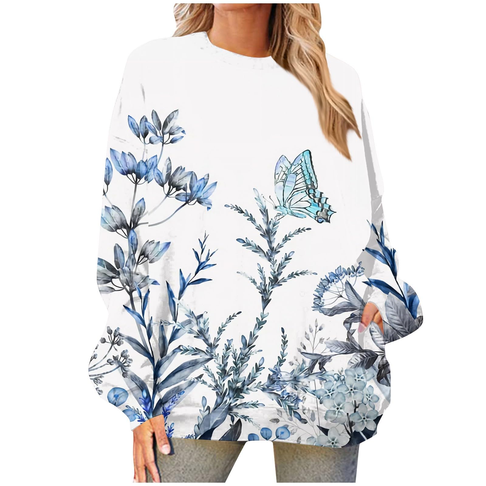 Ladies Autumn Long Sleeve Floral Printed Round Neck Casual Sweatshirt Ladies Trendy Loose Comfortable Pullover Top