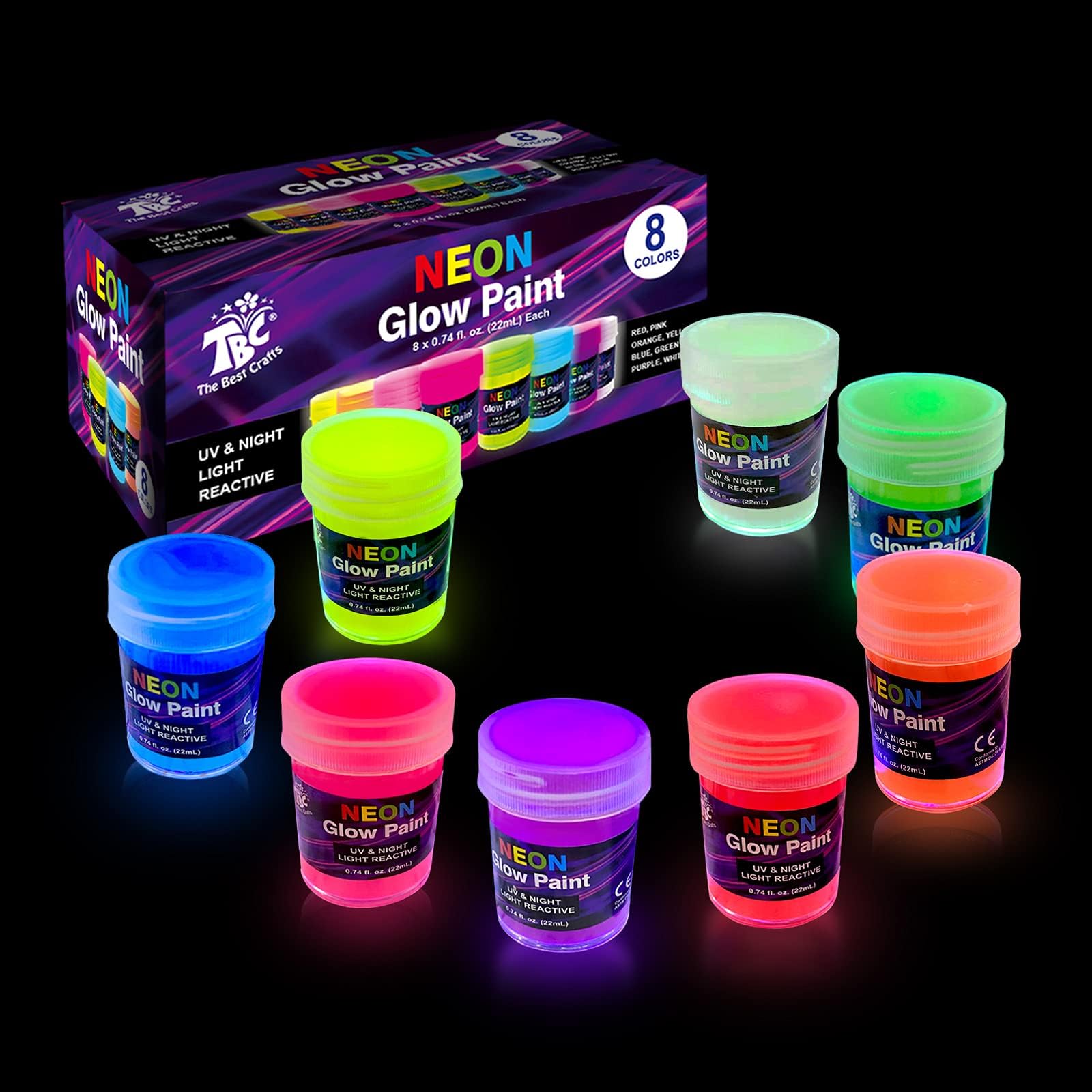 TBC The Best Crafts Neon Dark Paint, Set of 8 Professional Glow Paint,Great for Crafts, Art & DIY Projects, Blacklight Part