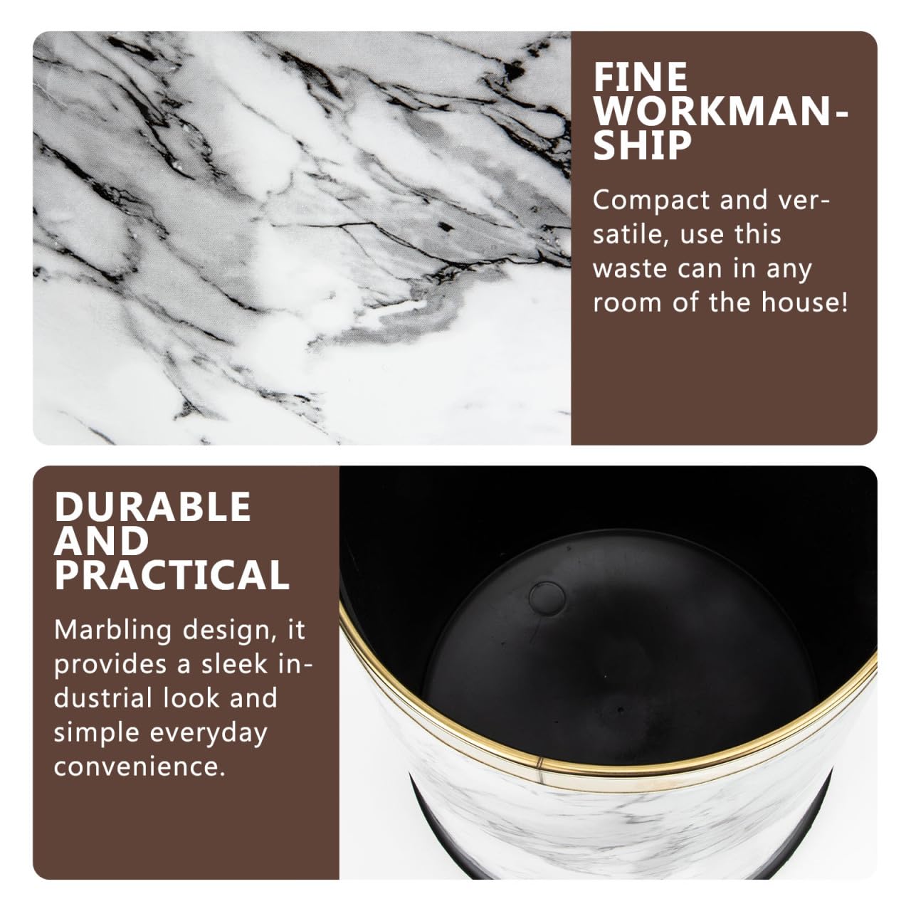 Ciieeo Marble Bathroom Trash can Plastic Round Wastebasket with Non-Slip Base Compact Trash can for Bedroom Kitchen Office Use