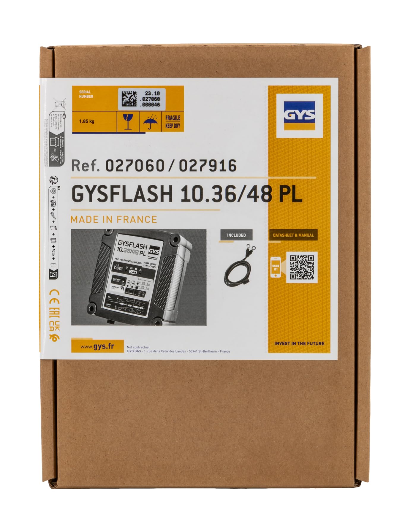 GYS, GYSFLASH 10.36/48 PL, Chargeur de Batterie Intelligent Plomb & Lithium (LiFePO4, Li-ION), 8A/10A, Véhicules 36V/48V (Vélo électrique, Voiturette Golf), Maintien de Charge Sécurisé, Désulfatation
