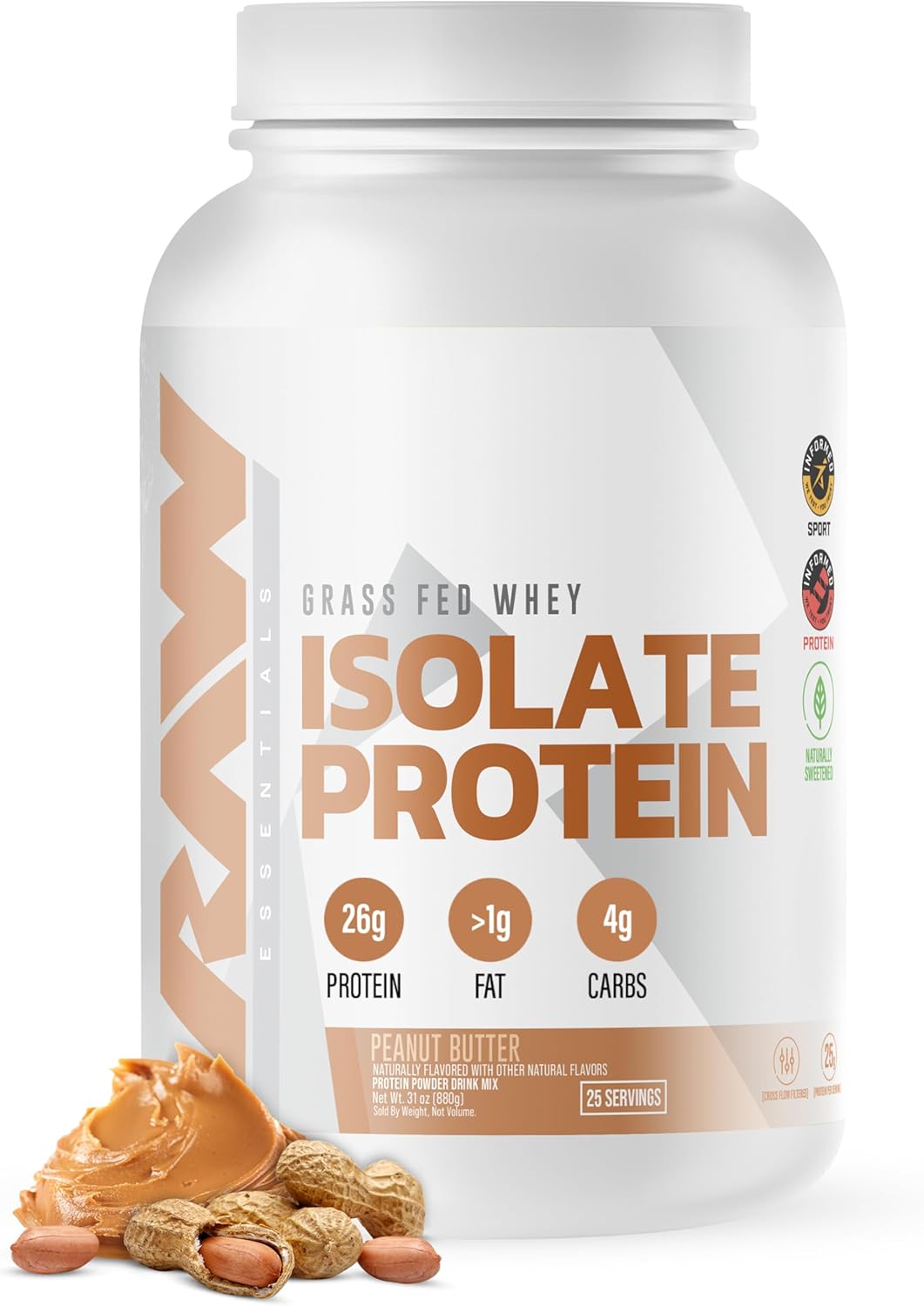 RAW Whey Isolate Protein Powder, Peanut Butter - 100% Grass-Fed Sports Nutrition Protein Powder for Muscle Growth & Recovery - Low-Fat, Low Carb, Naturally Flavored & Sweetened - 25 Servings