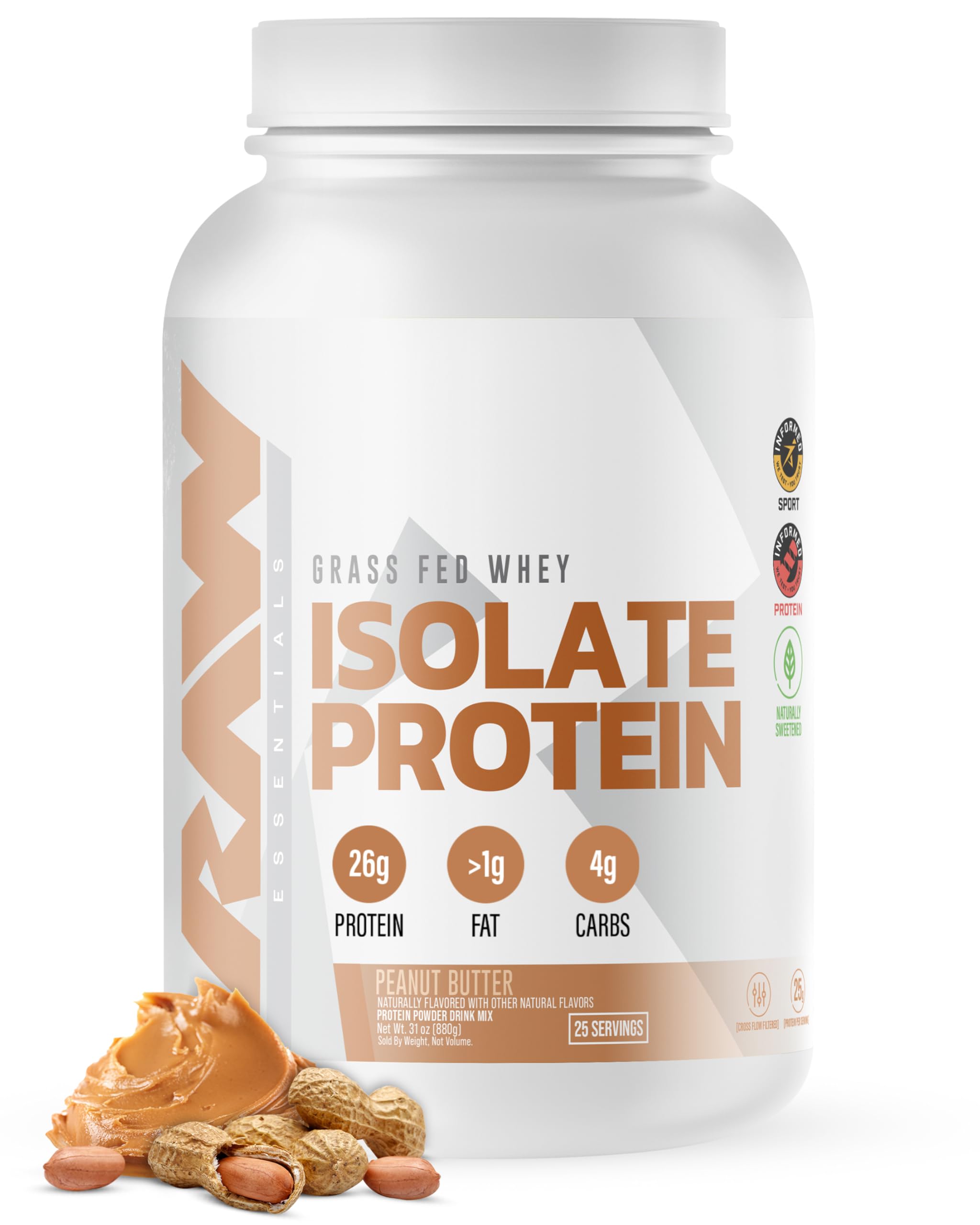 RAW Whey Isolate Protein Powder, Peanut Butter - 100% Grass-Fed Sports Nutrition Protein Powder for Muscle Growth & Recovery - Low-Fat, Low Carb, Naturally Flavored & Sweetened - 25 Servings
