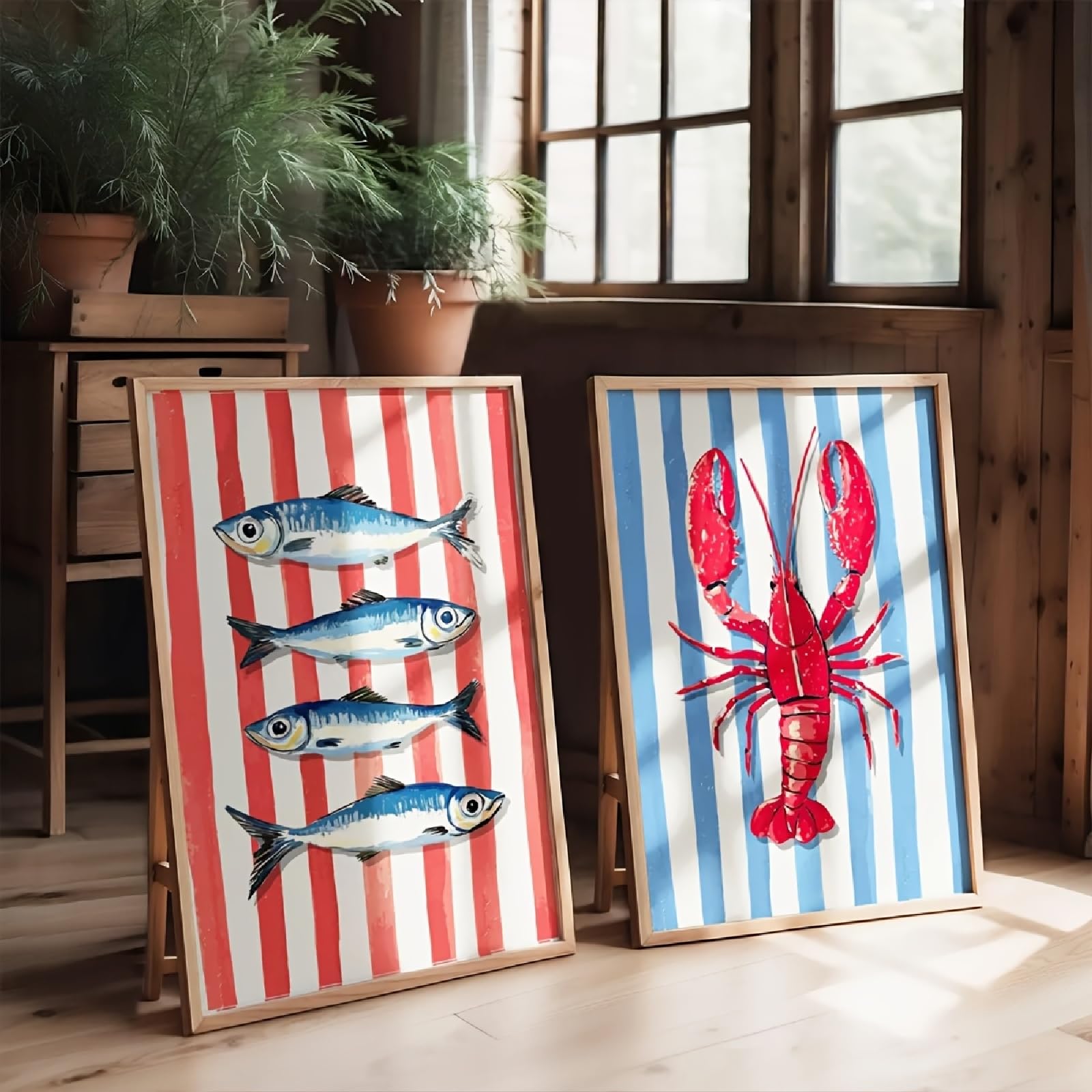 Zbello A 2Pcs/Set Canvas Posters,Lobster Nd Sardines Poster, Nautical Red Nd Blue Striped Seafood Bstract Rt Painting, Suitable For Home Decoration, Living Room, Kitchen, Frameless (30X40cm,)