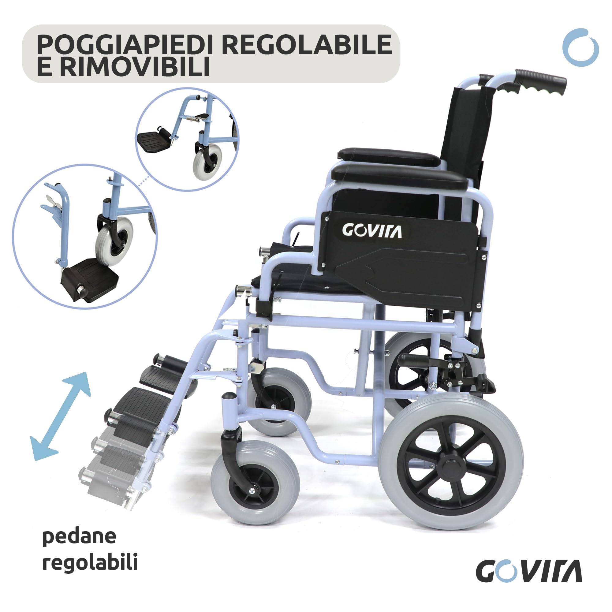GOVITA - Sedia a rotelle pieghevole da transito leggera - Carrozzina richiudibile per disabili ed anziani, doppio sistema di stazionamento,Cintura di sicurezza,Garanzia Italia 24 mesi