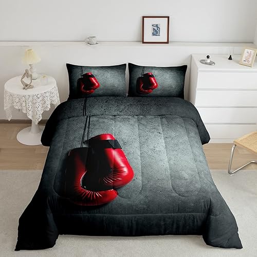 Juego de ropa de cama de boxeo con temática deportiva para niños, niñas y hombres, juego de edredón con patrón de guantes de boxeo rojos, juego de