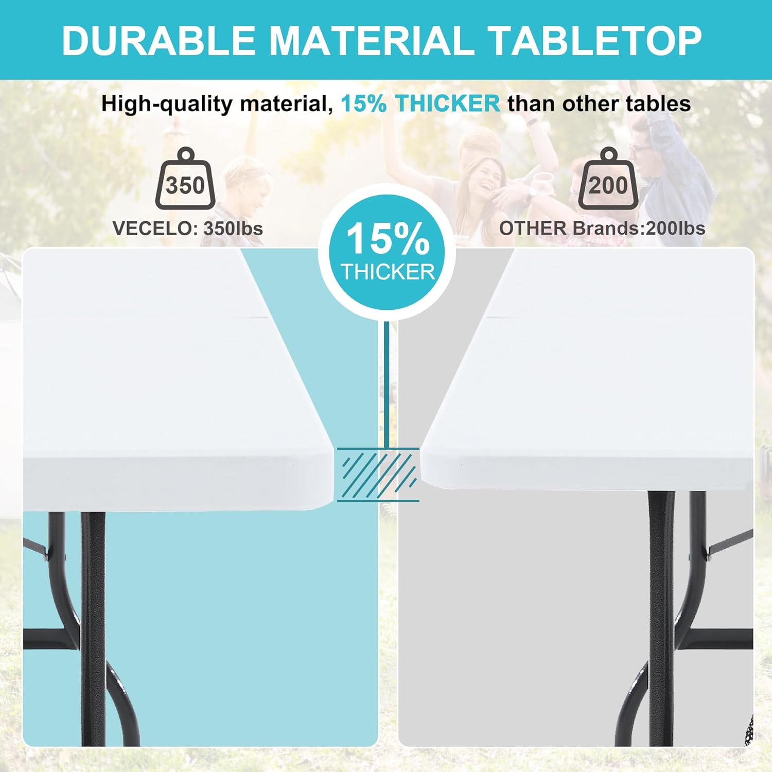 VECELO 6Ft Folding Picnic Table,Indoor Outdoor Plastic Portable Foldable Desk with Handle, Mesh Trash Bag&Lock Legs Heavy Duty for Camping, Dining, Party, White