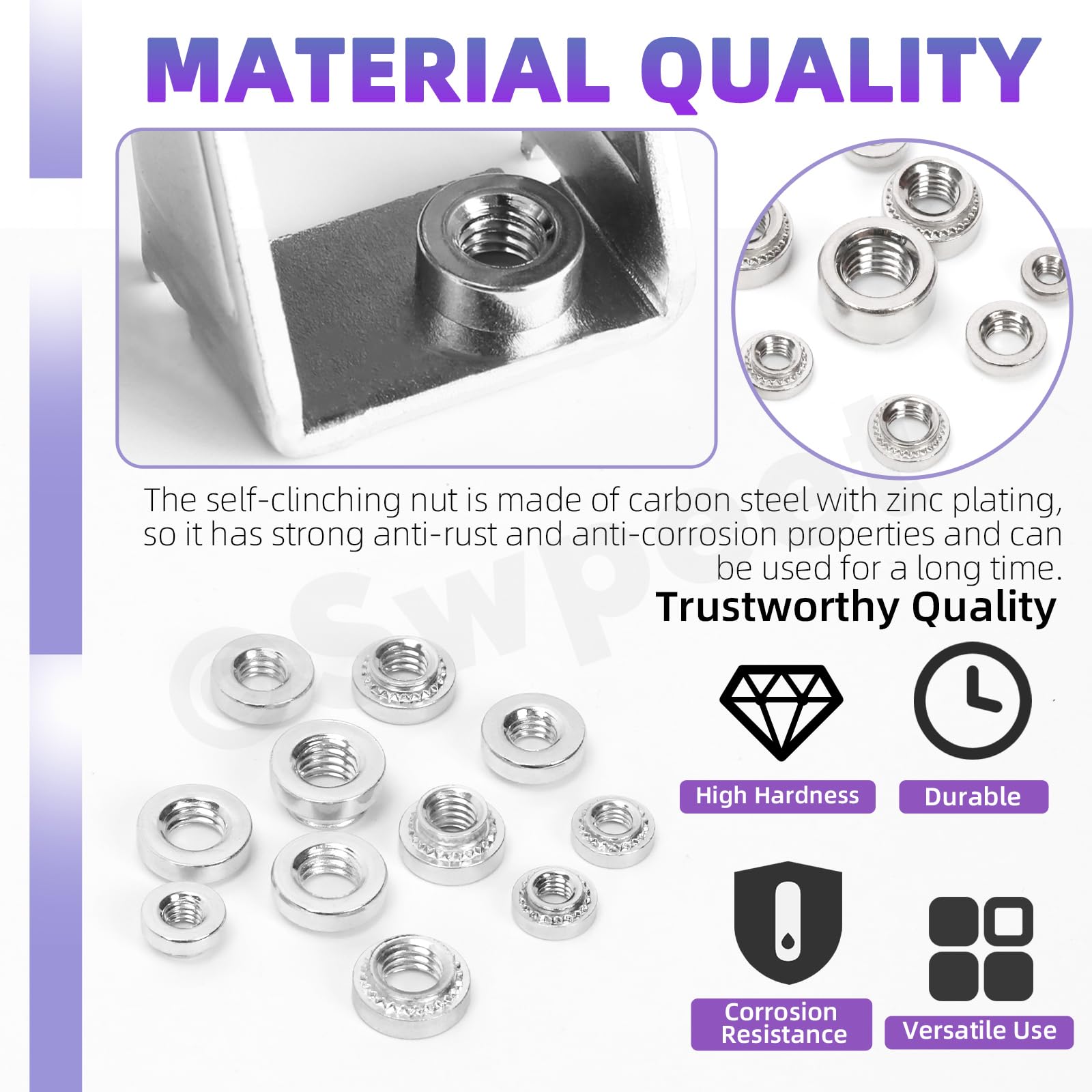 Swpeet 220Pcs 11 Sizes M3 M4 M5 Silver 304 Stainless Steel Knurled Self Clinching Nuts Assortment Kit - Image 3