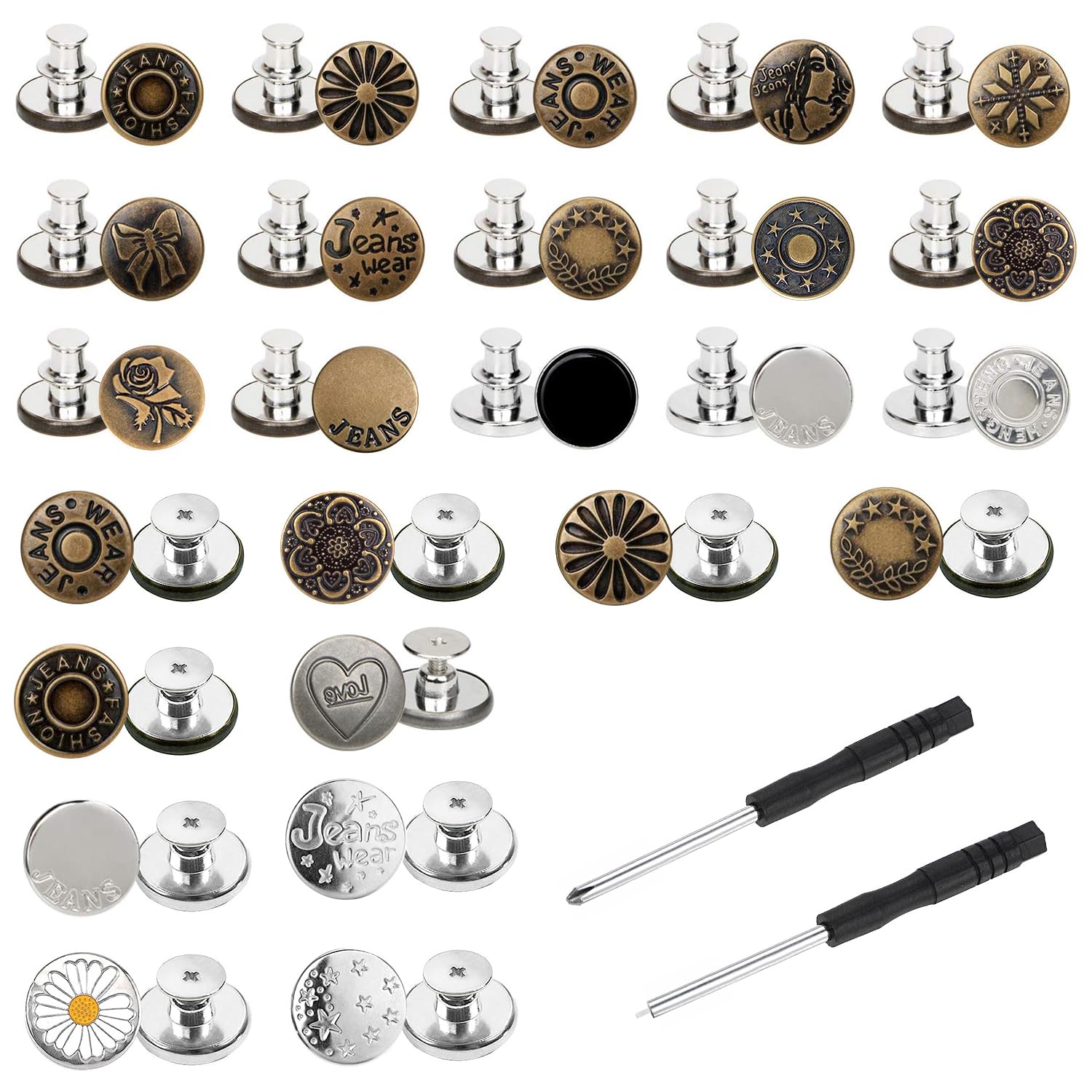 Sponsored Ad – 25 Set Button Pins for Jeans with 2 Screwdrivers, CNYMANY 20mm No-Sew Removable Metal Jeans Button Replacement Thread Rivet Button Repair Combo for Loose Jeans