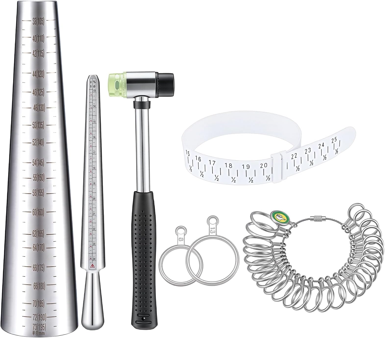 Ring Bracelet Sizer Measuring Tool Set Rings Gauges with Finger Sizer Mandrel Ring Sizer Tools Jewelry Sizing Measuring with Ring Mandrel, Bracelet Mandrel, Rubber Mallet Hammer, Sizers