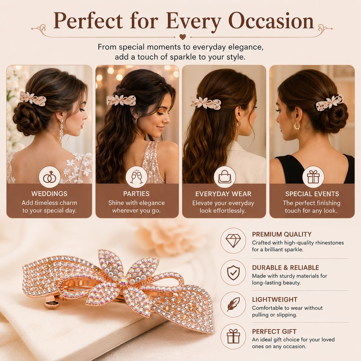 NIA Timeless Elegance Rhinestone Flower Leaf Hair Barrette Clip