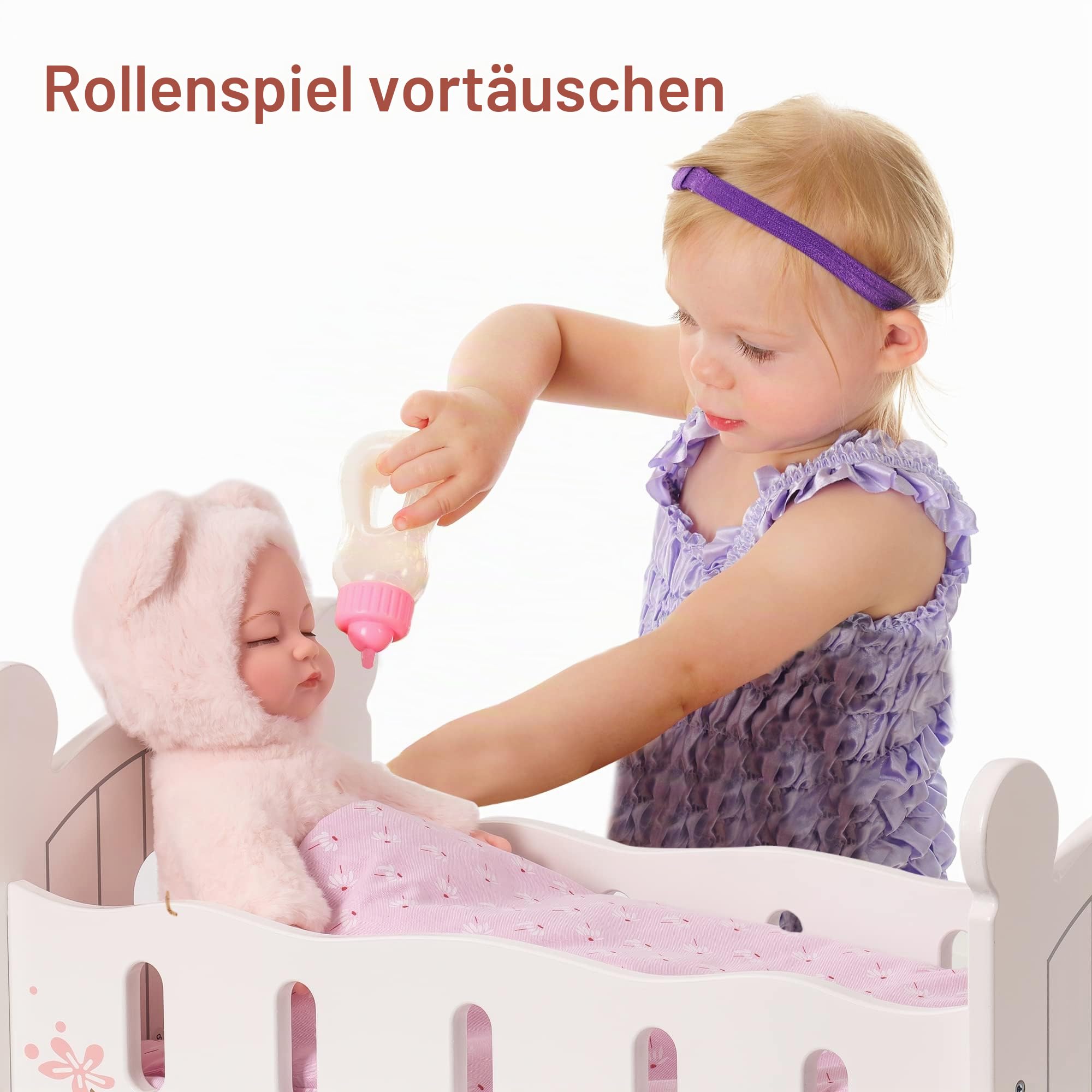 ROBUD Baby-Puppenbett aus Holz, Baby-Puppen-Bett-Spielzeug, passend für bis zu 45,7 cm große Puppenzubehör