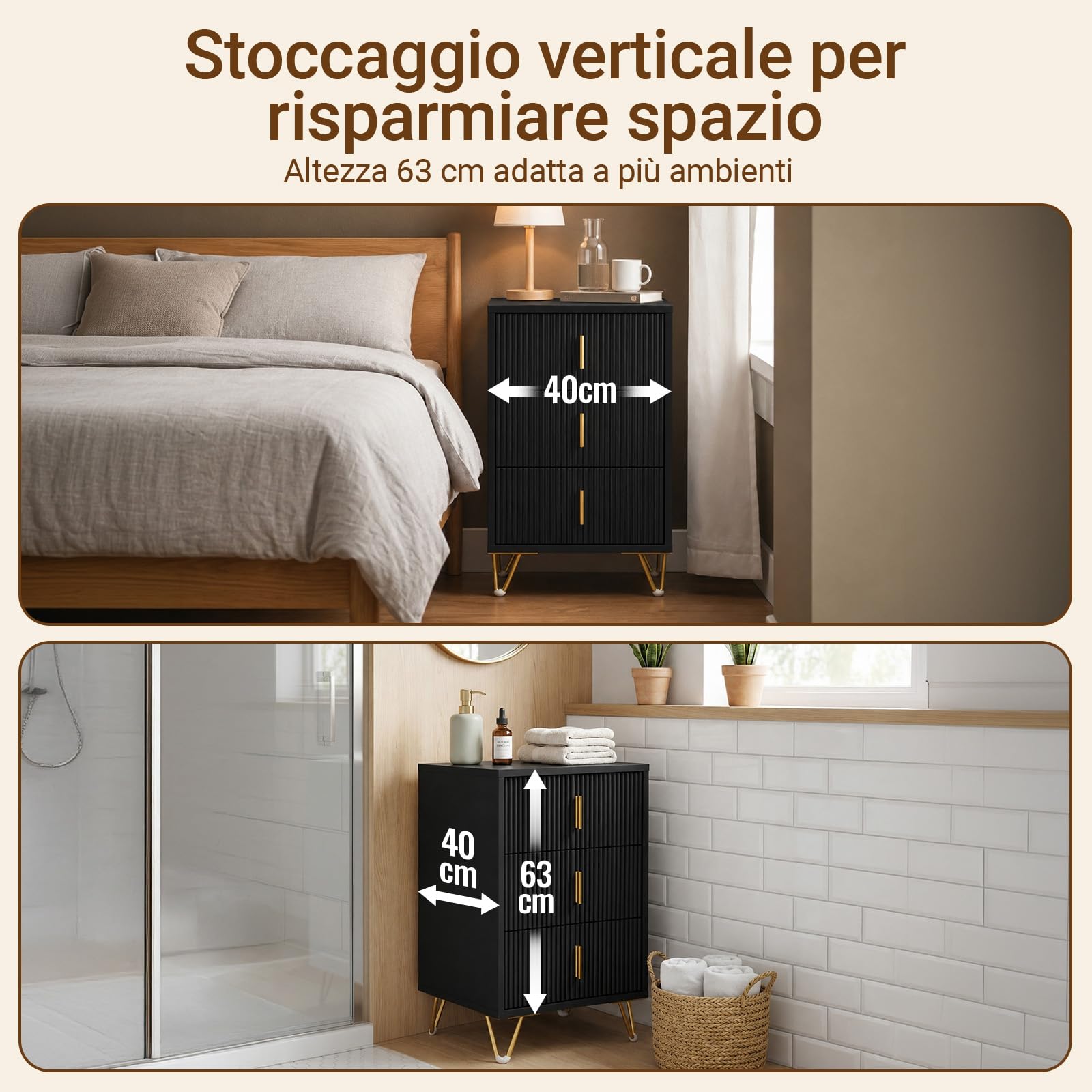 SoBuy Comodino camera da letto con 3 cassetti, 63 cm altezza ergonomica & 33 kg capacità, tavolino da letto per camera e soggiorno, ideale per piccoli spazi, nero, 40 x 40 x 63 cm, FBT115-L-SCH
