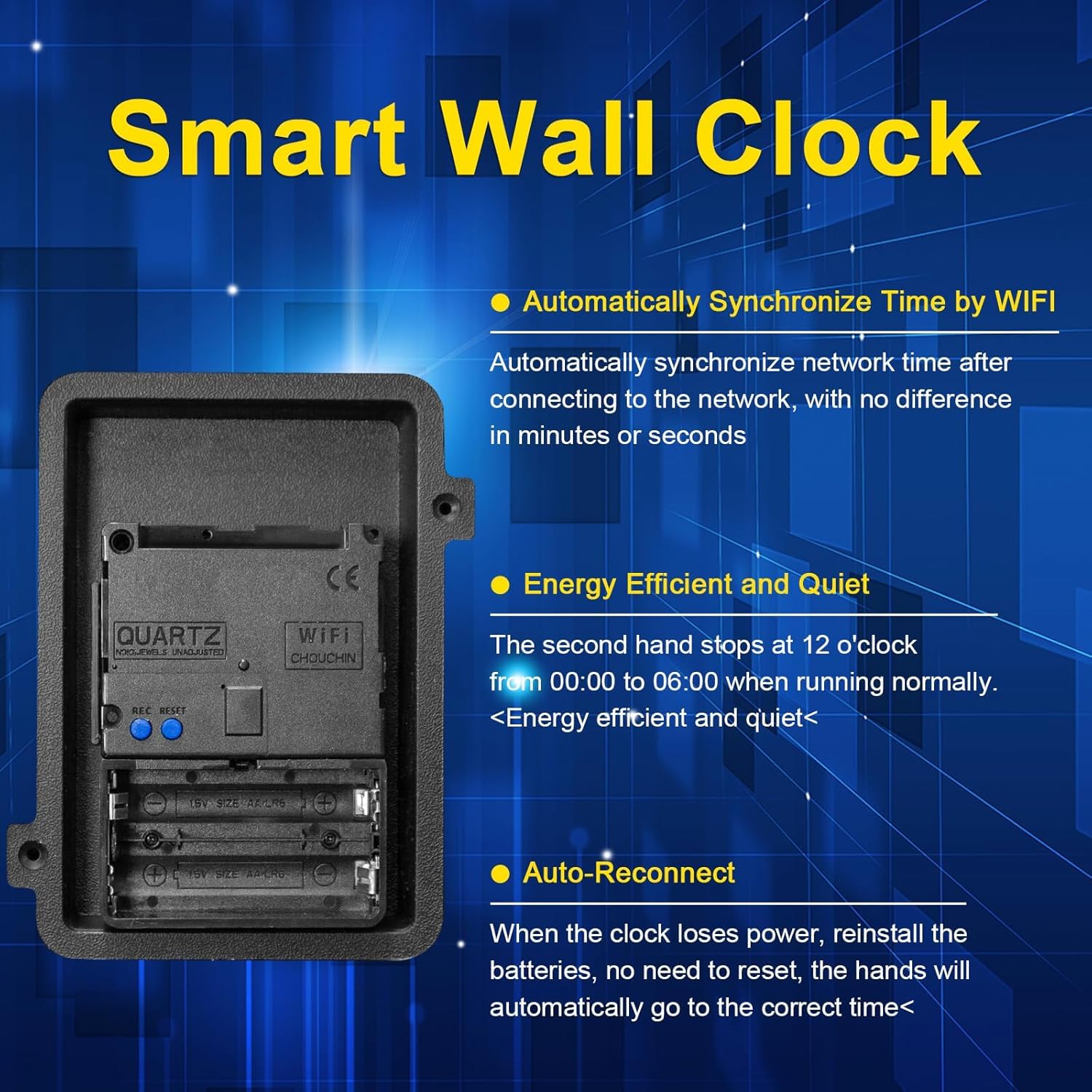 OCEST Orologio da parete analogico intelligente Wi-Fi da 25,4 cm, sincronizzazione e ora automatica, silenzioso, senza ticchettio, funzionamento a batteria, ampio display, facile da leggere, per casa