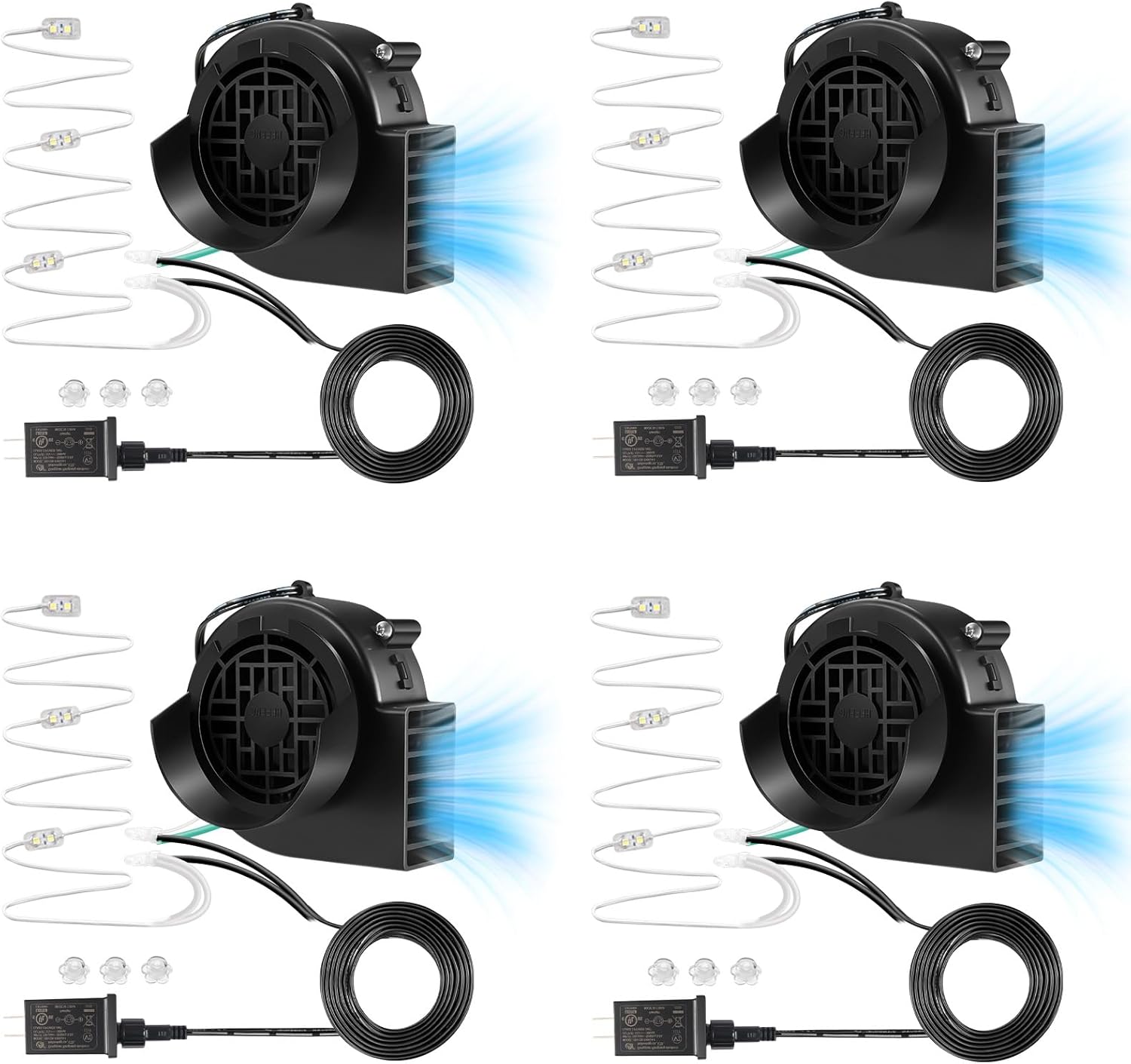 4-Pack Inflatable Fan Blower Replacement, 12V 1.2A Air Blower for Inflatables with 3 LED Light Strings for Thanksgiving Christmas Halloween Yard Party Holiday Inflatable Decorations