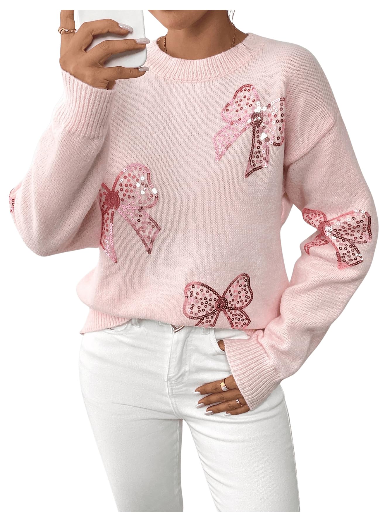 MakeMeChic Womens Crew Neck Sweater Bow Knot Sequin Long Sleeve Drop Shoulder Knit Top