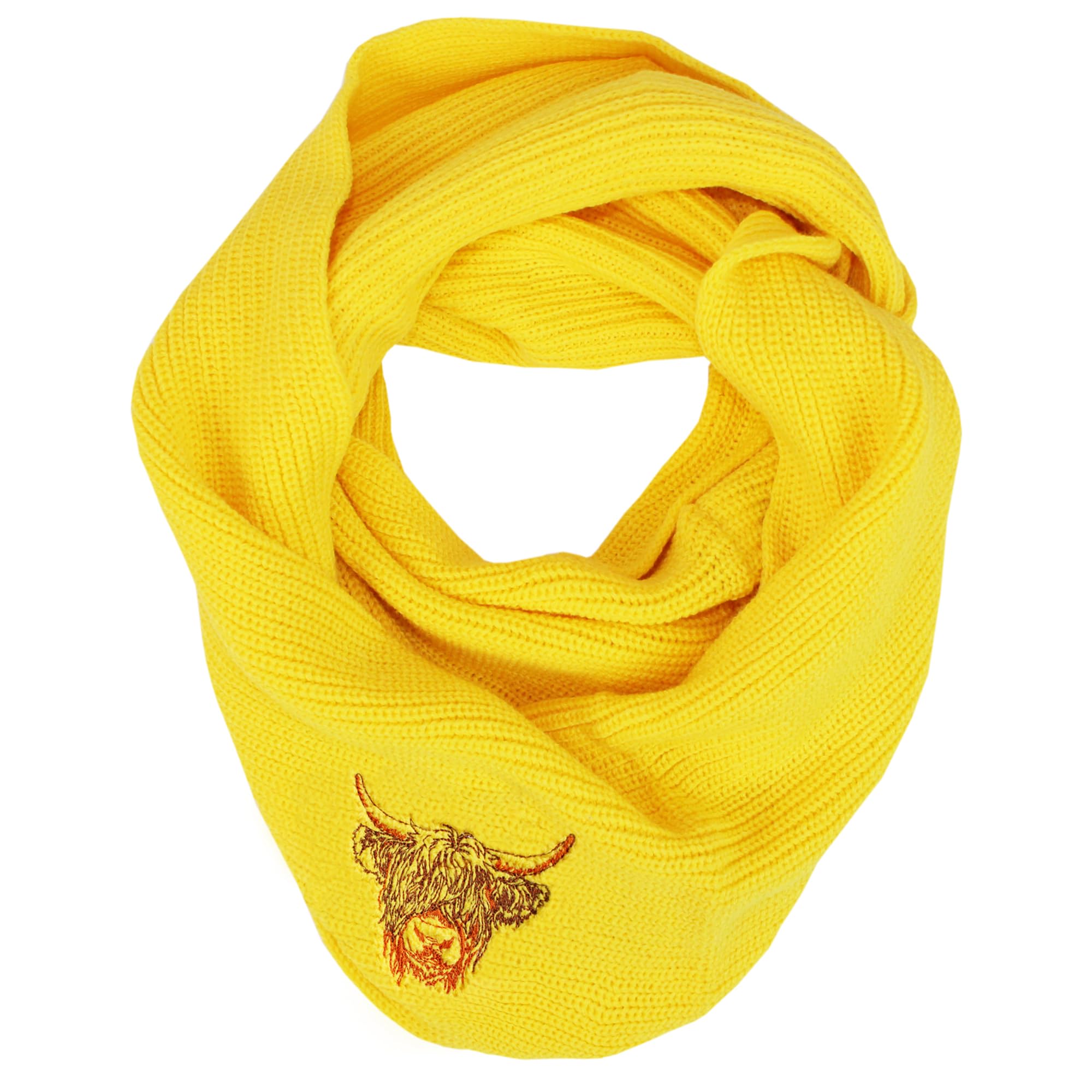 Teddyt's Yellow Highland Cow Embroidered Double Wrap Knitted Snood Scarf (Yellow)