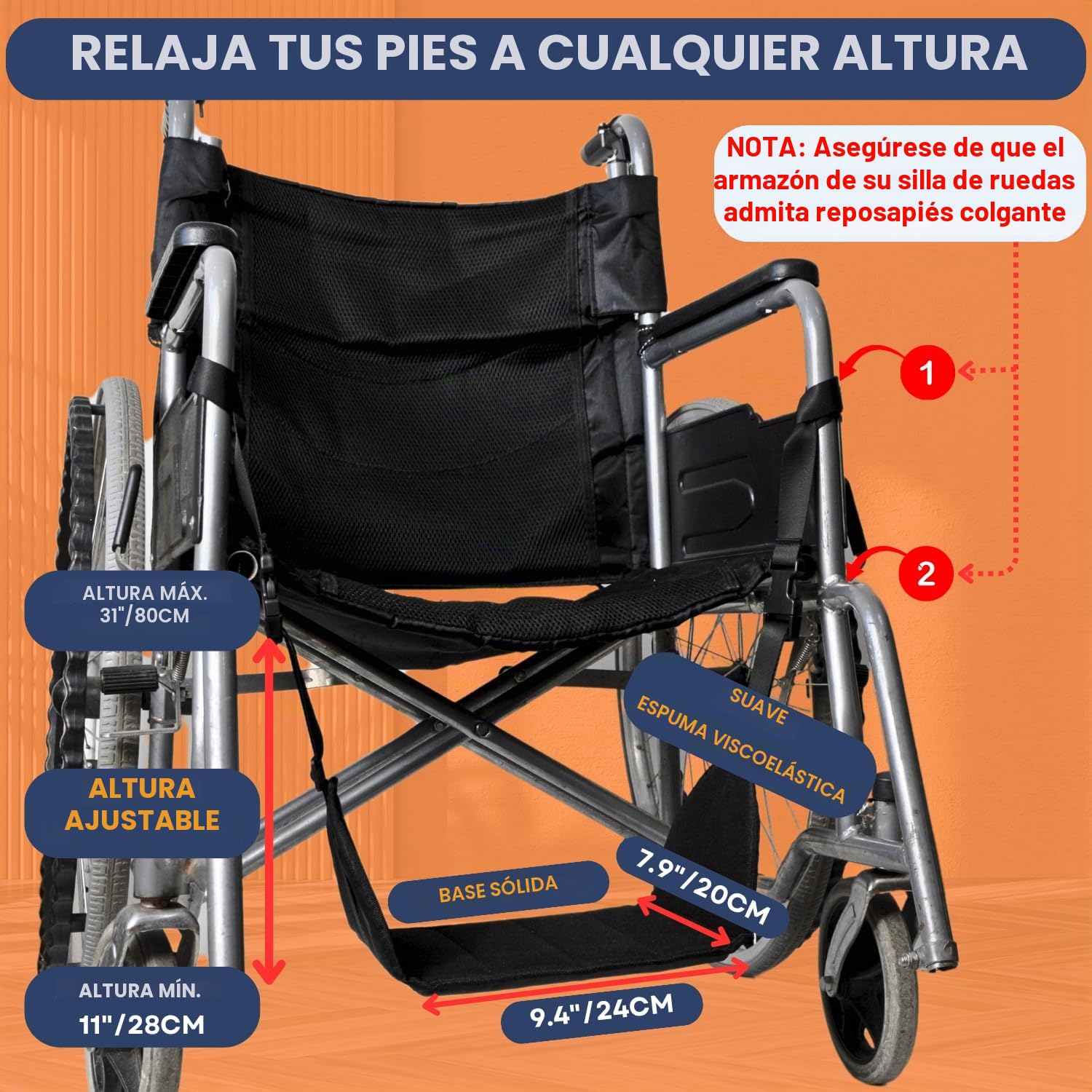Hamaca reposapiés para silla de ruedas – Cabestrillo colgante para reposapiés ajustable para silla de ruedas con tabla de apoyo y correas para pies