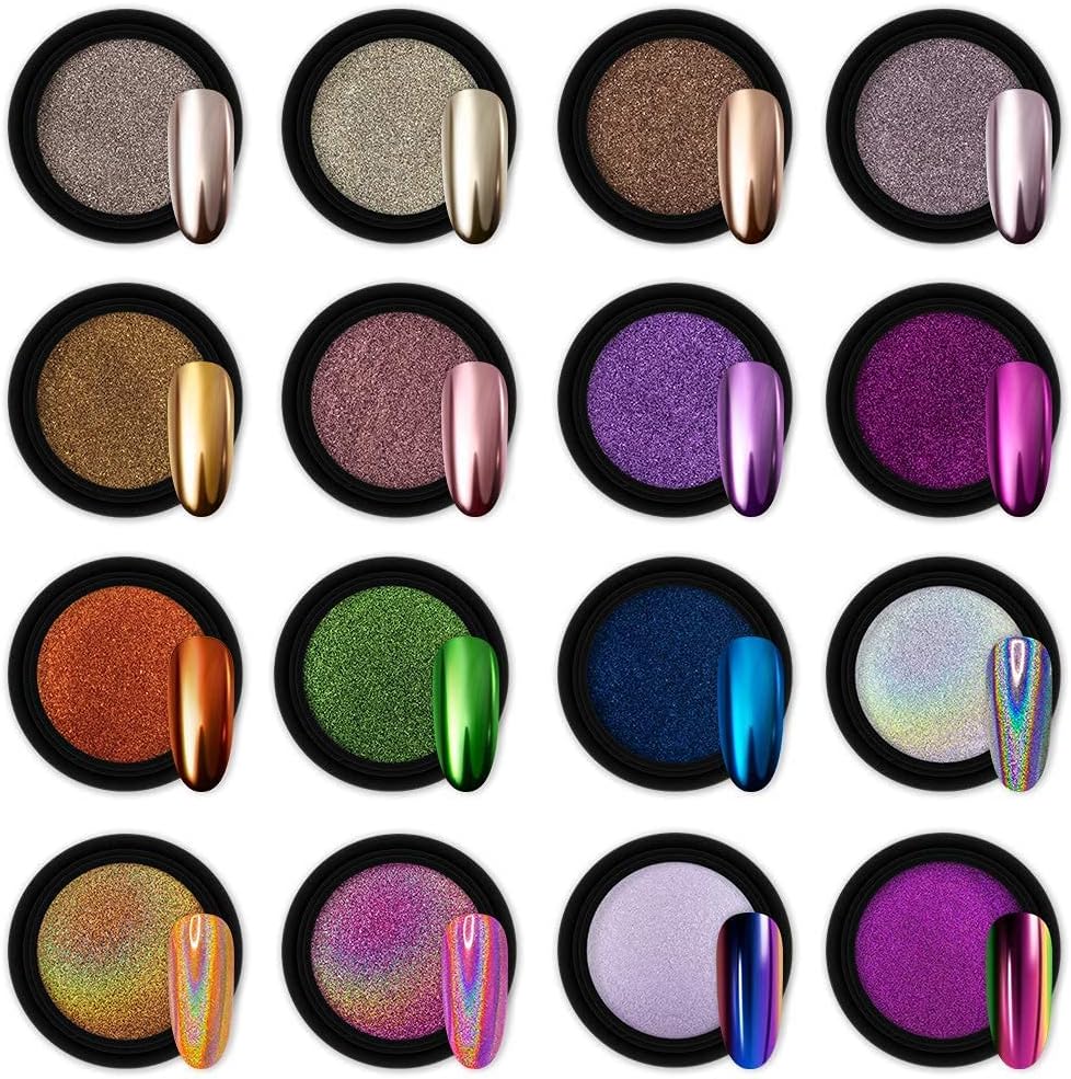 Artdone 16 Jars Chrome Nail Powder Metallic Mirror Effect Holographic Aurora Chameleon Pigment 1g/Jar for Nail Art Gel Polish Mermaid Unicorn Dipping Powder : Beauty & Personal Care