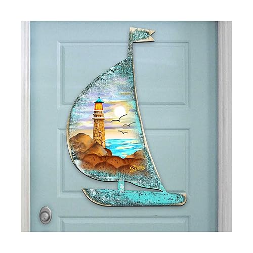 Lighthouse Scenic Boat Scenic Wooden Decorative Door Hanger, Wall Decor Coastal art by G.DeBrekht 8198524H - Designocracy