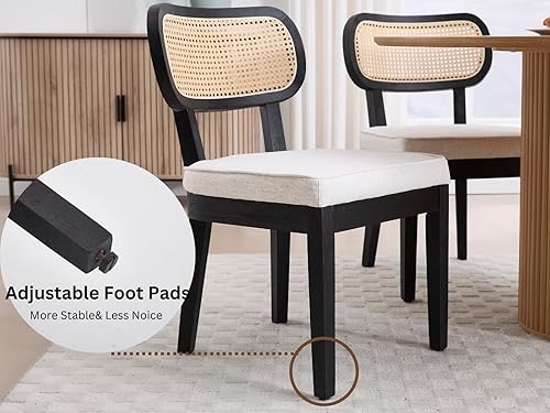 Miniatura 6 de Juego de 2 sillas de comedor de ratán de granja, sillas modernas de cocina y comedor de madera con respaldo de caña, cómodo asiento tapizado de