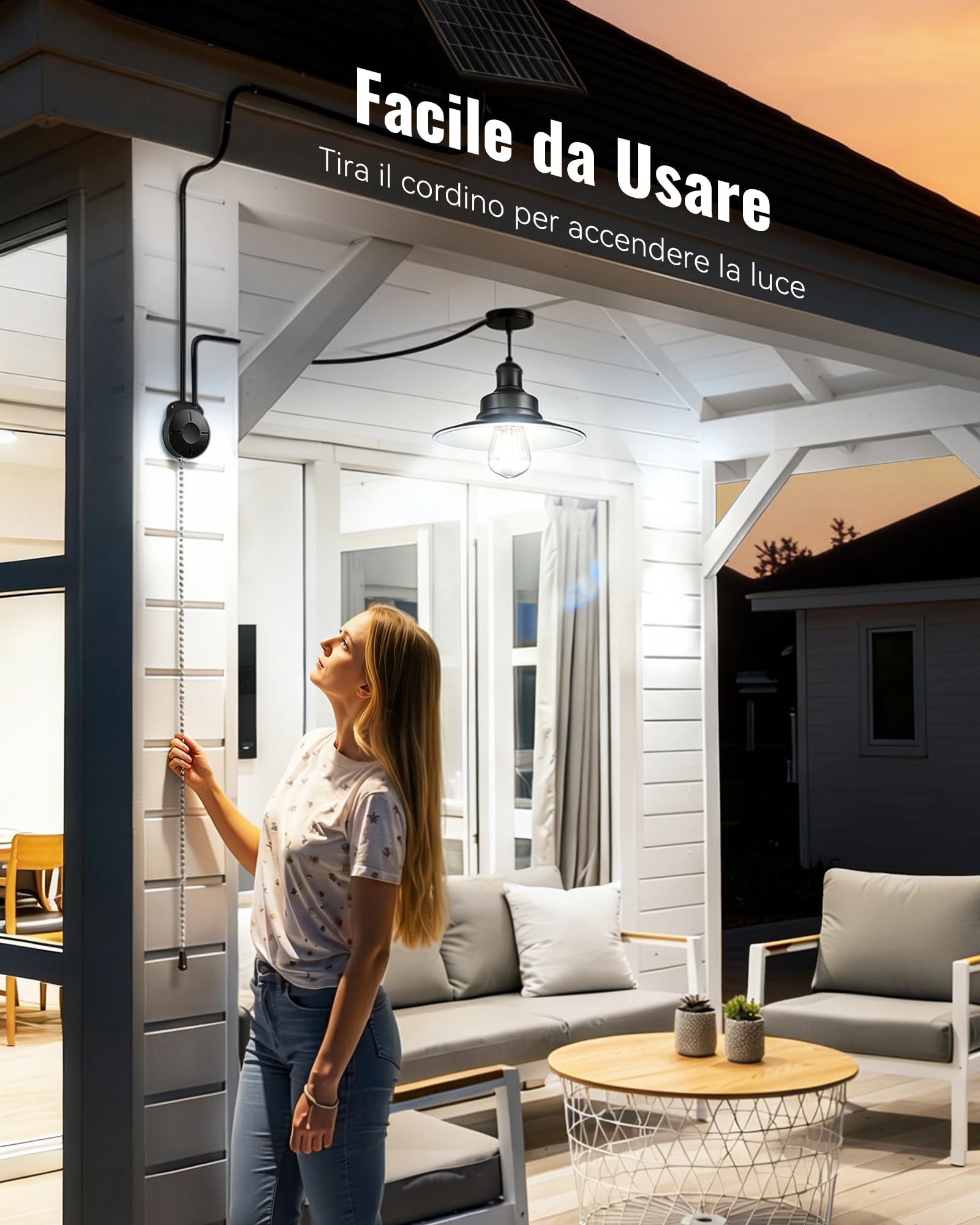Lampada Solare da Esterno ed Interni, Semplice Interruttore a Catenella, Luci Solari da Esterno Impermeabile IP65, Adatta per Soggiorno, Gazebo, Garage