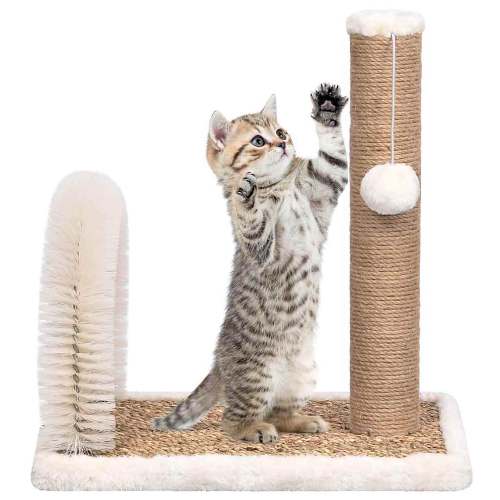 Gecheer Tiragraffi per gatti con curvo per la cura del pelo, 49 x 29 x 42 cm, con 1 palla sospesa, una spazzola per la cura e un tronco tiragraffi, truciolato, peluche, erba marina