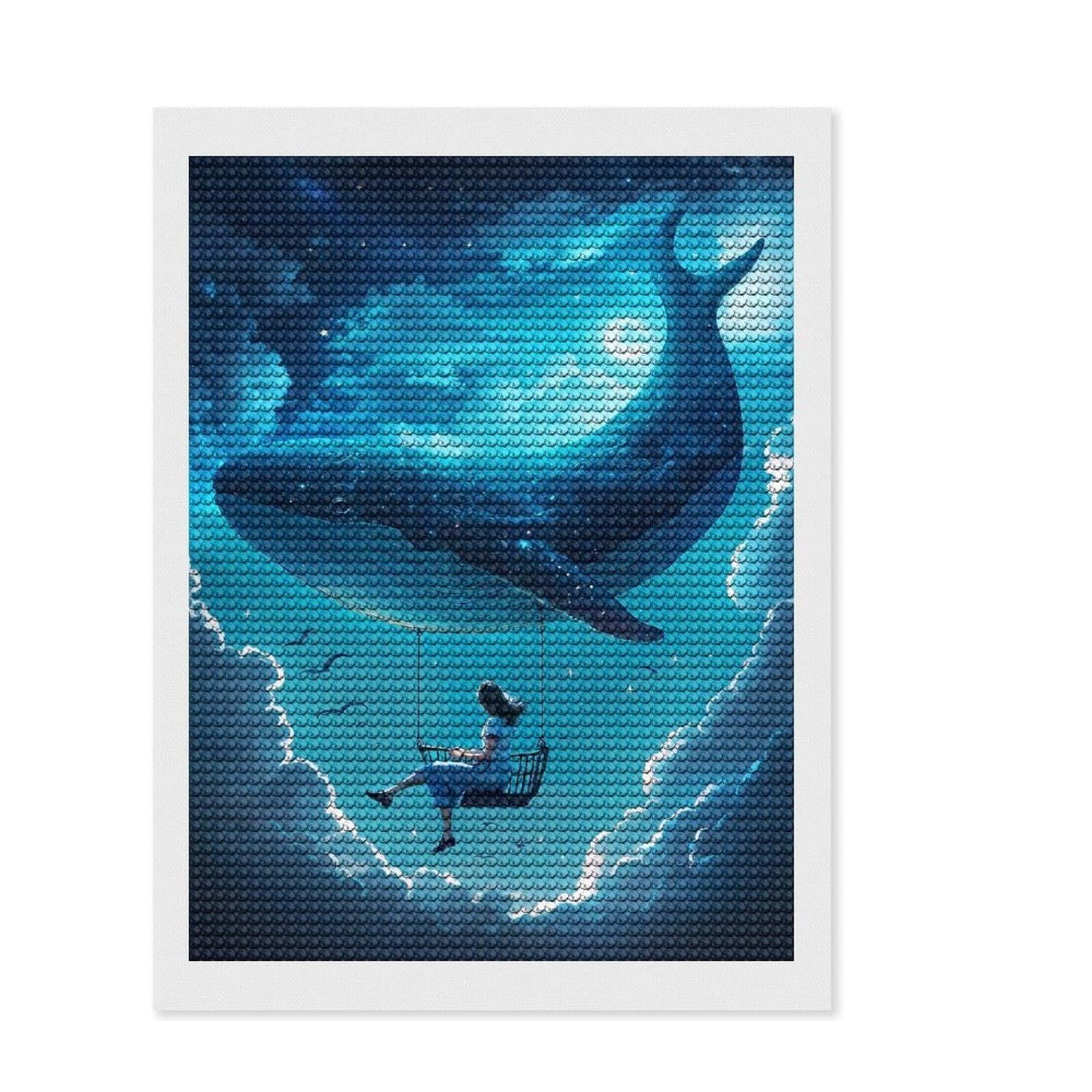 Junmoney Fly to The Moon with Whale Diamond Art Canvas 12"x16", Sparkling Round Gems, Neat Printed Canvas, with Tool Kit, Office Decor, Printed Canvas