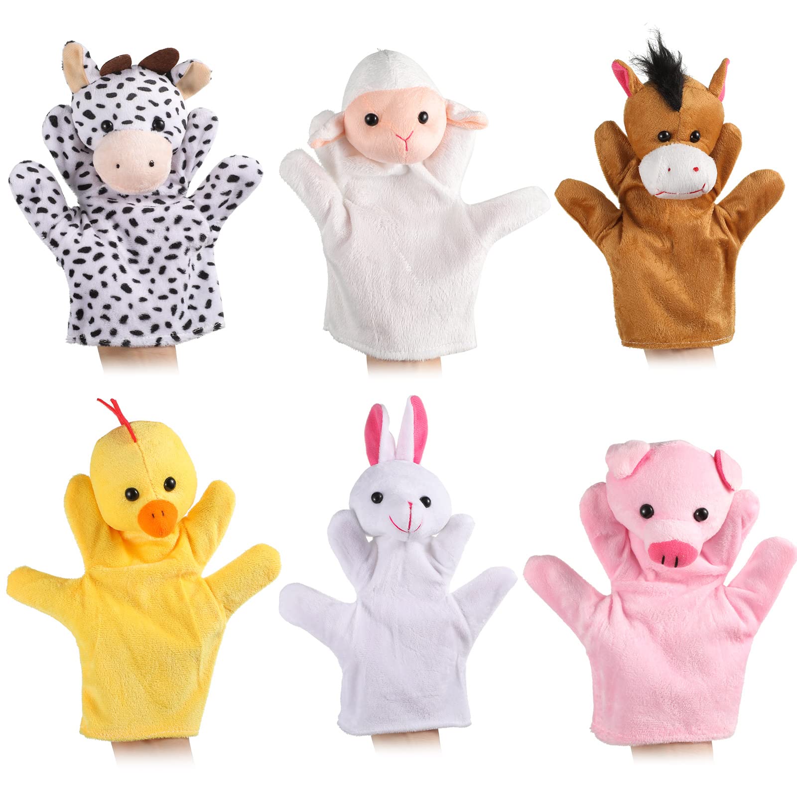 Leitee 6 Pcs Barn Buddies Hand Puppets Farm Stuffed Animal Hand Puppet Plush Toy Puppets Includes Bunny, Cow, Sheep, Horse, Chicken, Piggy for Adults Boys Girls Party Supplies